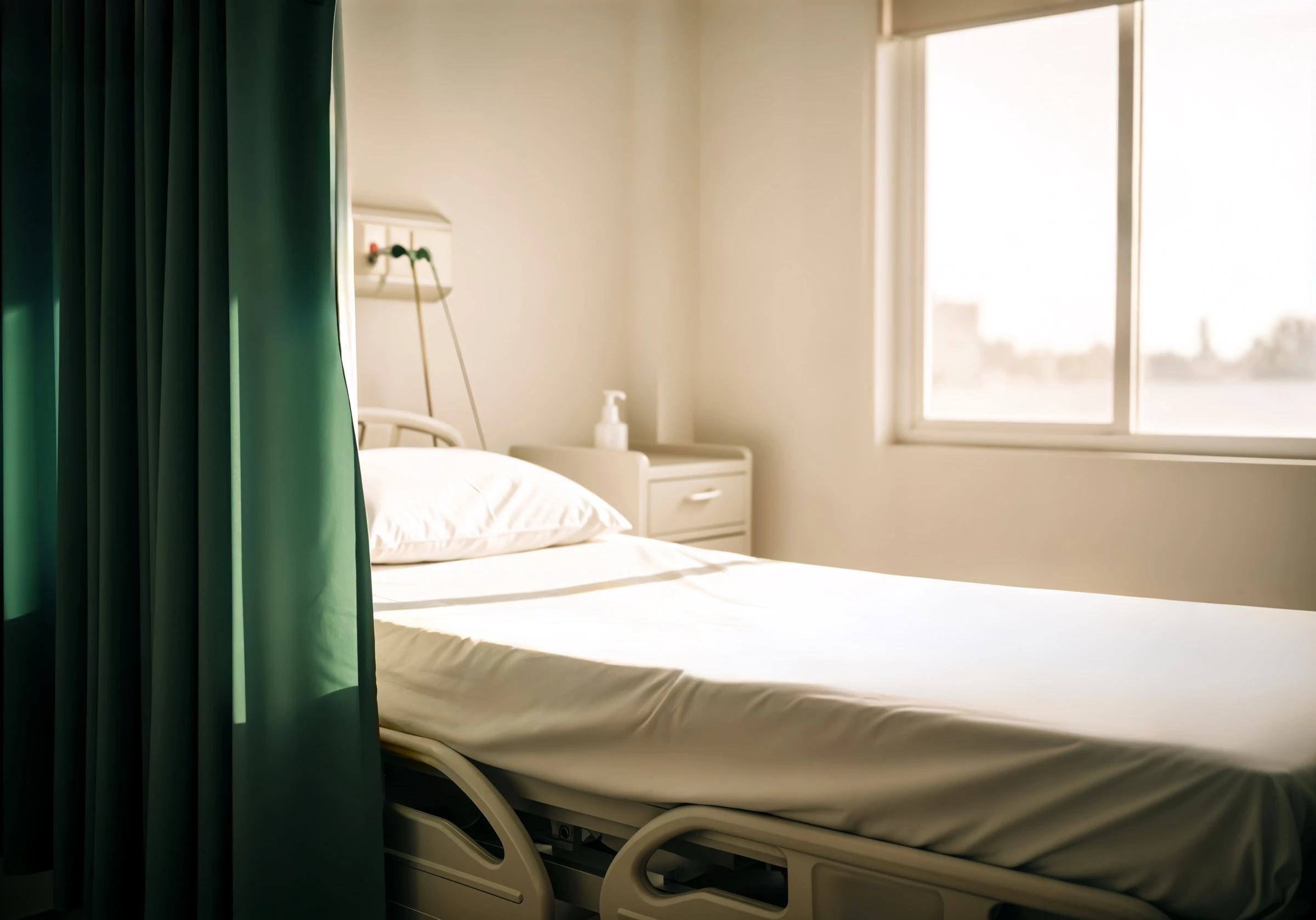 Chambre double en EHPAD avec lit médicalisé et rideau de séparation, illustrant la configuration partagée et l'espace privatif minimal