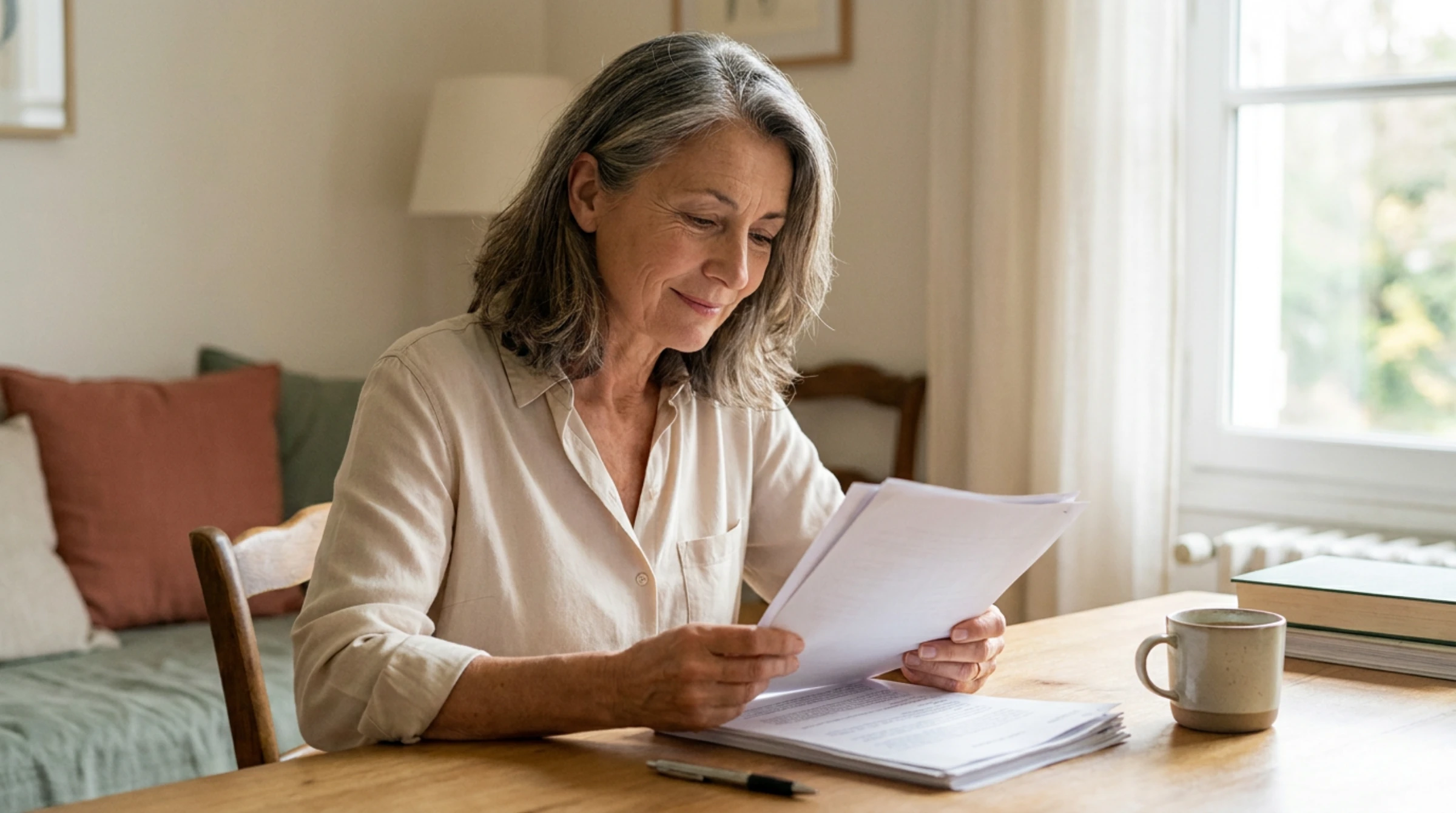 Aidante lisant un courrier fiscal sur le capital d'une assurance obsèques.