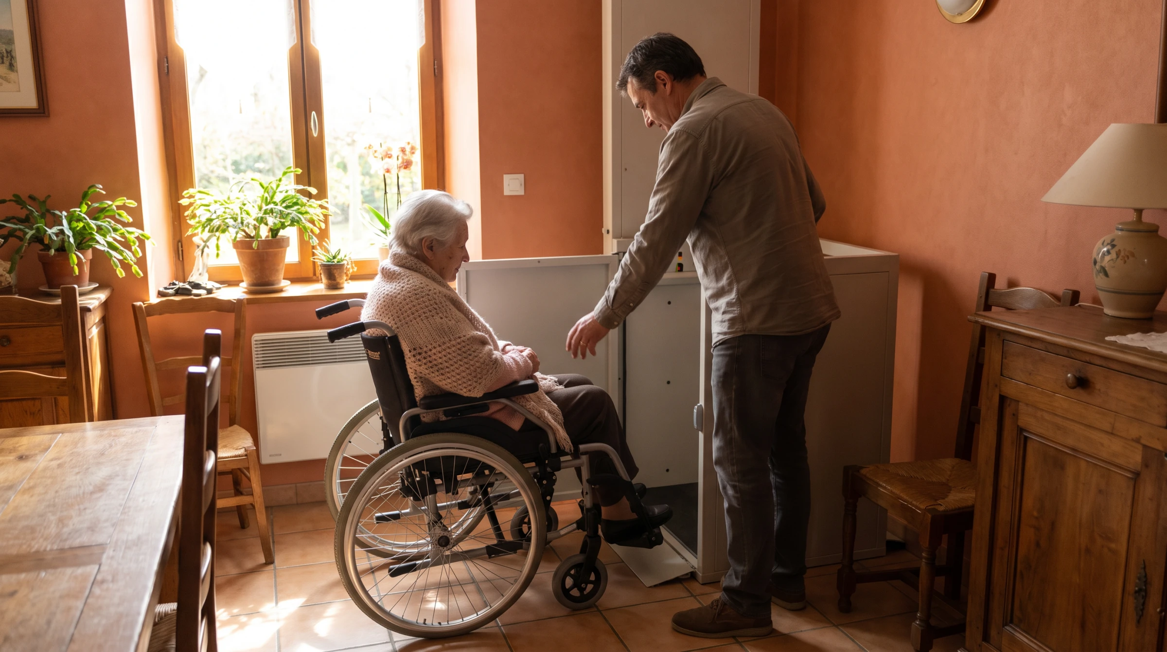 Fils aidant sa mère en fauteuil roulant à s'installer sur une plateforme élévatrice à domicile, ambiance chaleureuse et digne.