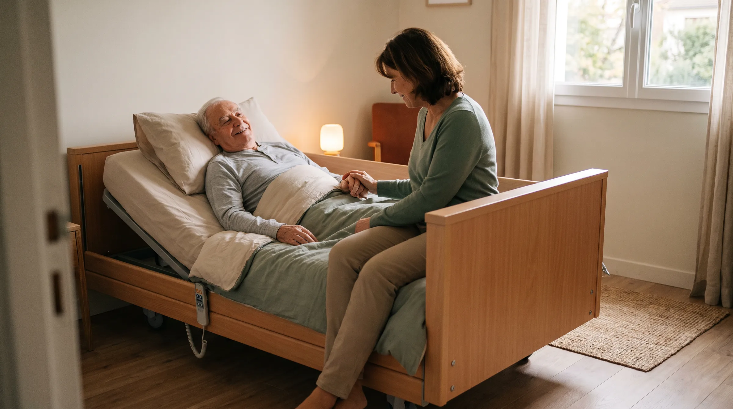 Aidante familiale tenant la main de son père âgé apaisé, au bord d'un lit médicalisé bas dans une chambre lumineuse à domicile.