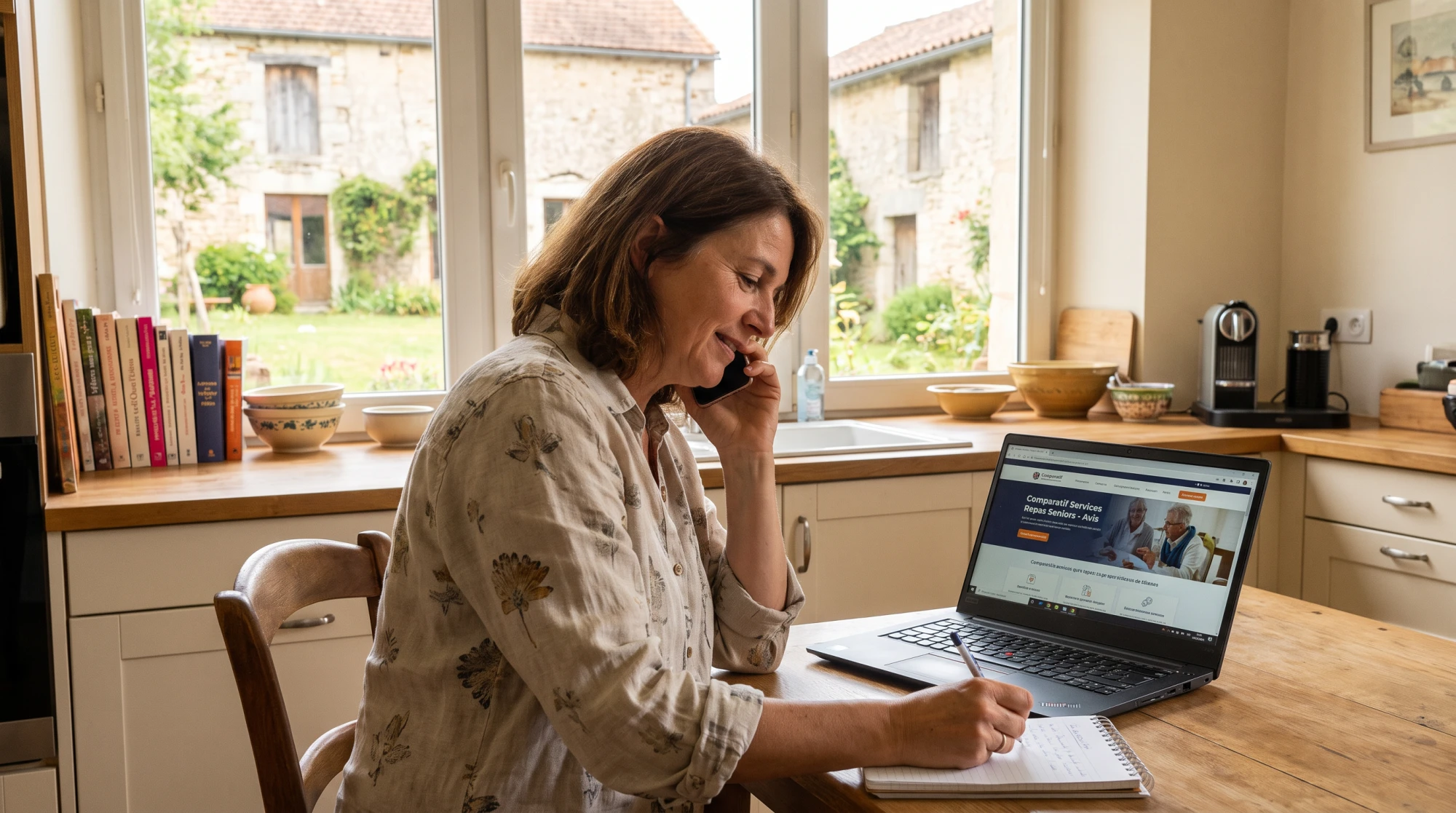 Fille adulte au téléphone dans sa cuisine, prenant des notes sur les options de portage de repas pour son parent
