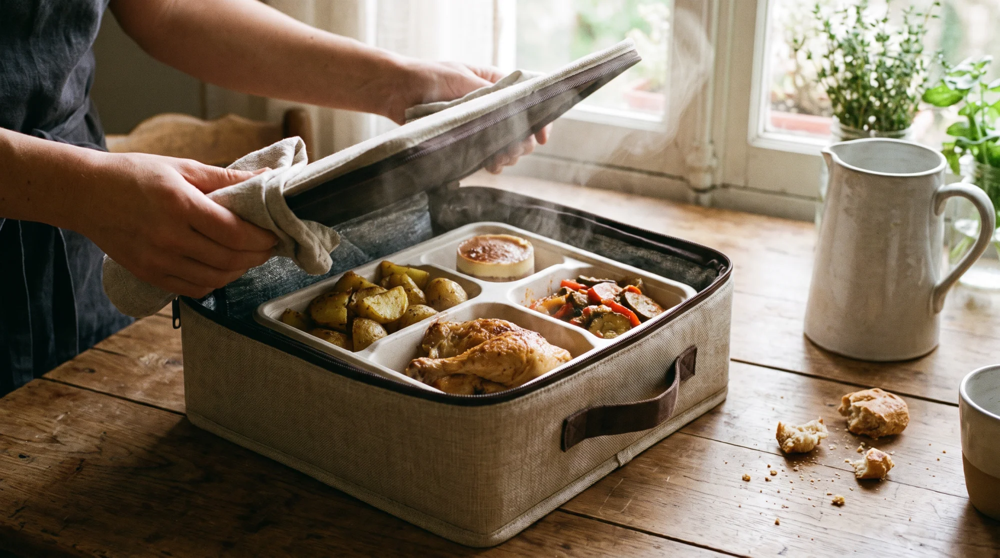 Boîte repas isotherme ouverte sur une table de cuisine française, révélant un repas chaud fraîchement livré en barquettes