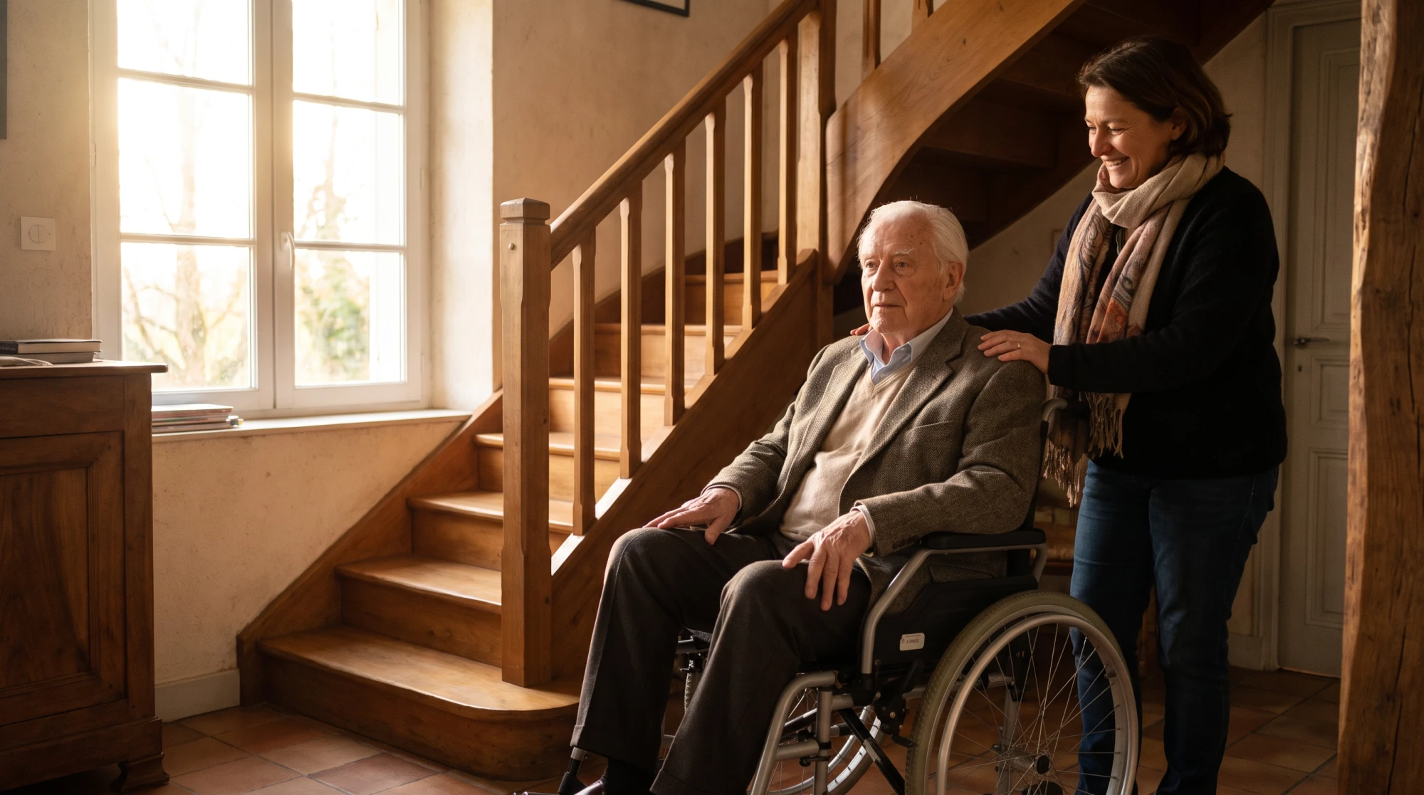 Personne âgée en fauteuil roulant au pied d'un escalier, enfant adulte présent à ses côtés dans une attitude de soutien.