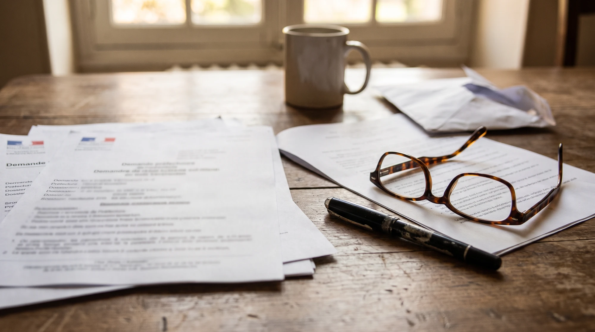 Documents administratifs français flous posés sur un bureau en bois, stylo et lunettes de lecture à proximité