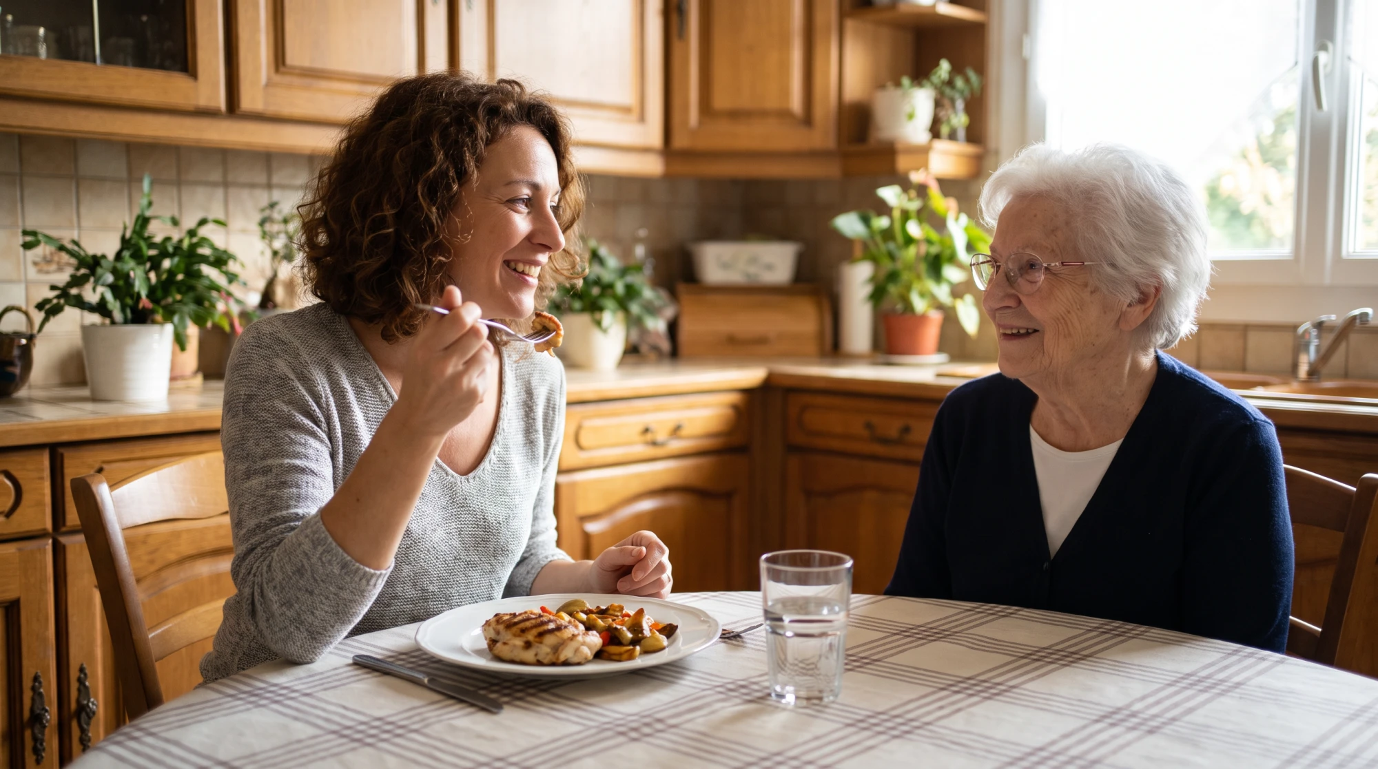 Fille adulte goûtant un repas d'essai d'un service de portage chez son parent âgé, moment complice et souriant