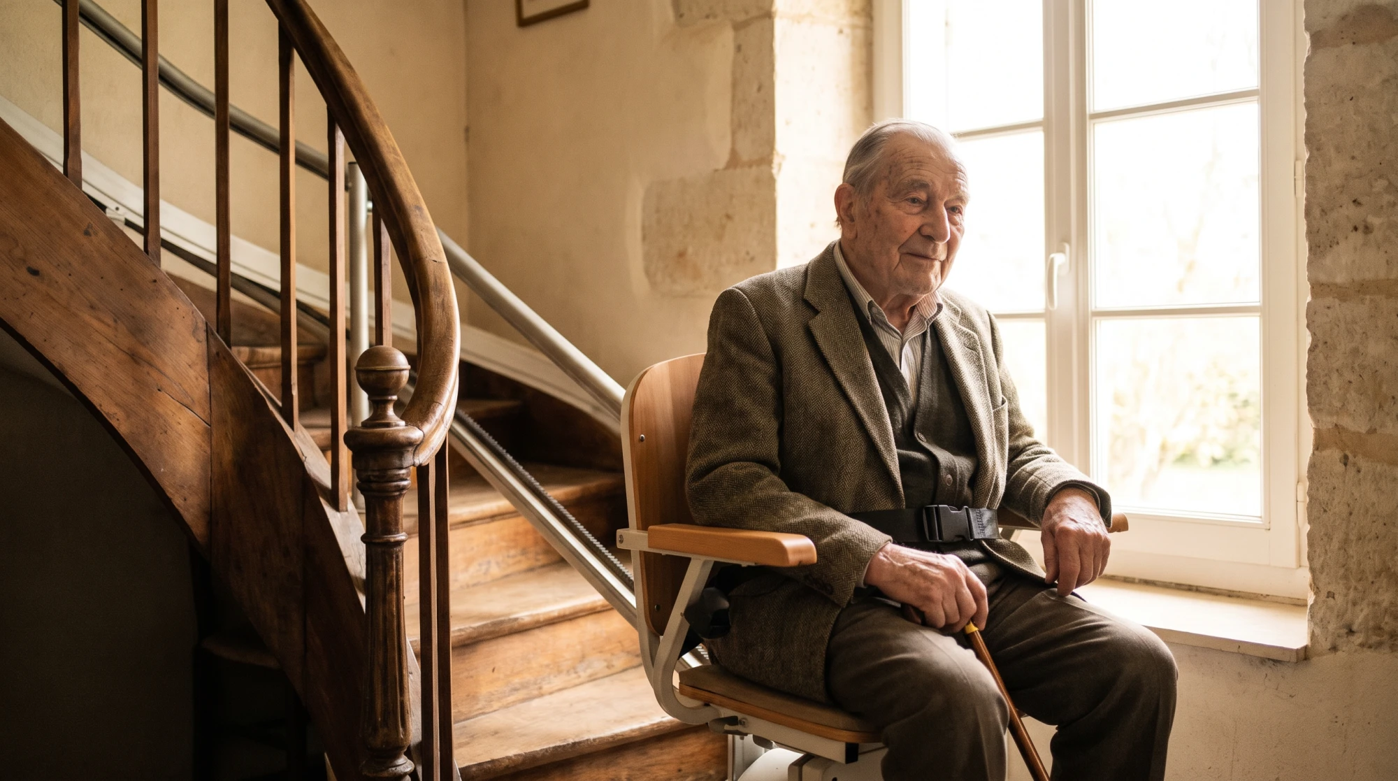 Senior confortablement assis sur un fauteuil monte-escalier, ceinture de sécurité attachée, expression calme et digne.