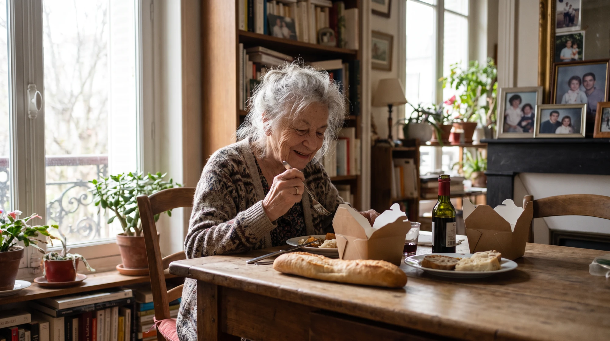 Personne âgée savourant seule à sa table un repas livré à domicile, lumière naturelle et intérieur chaleureux