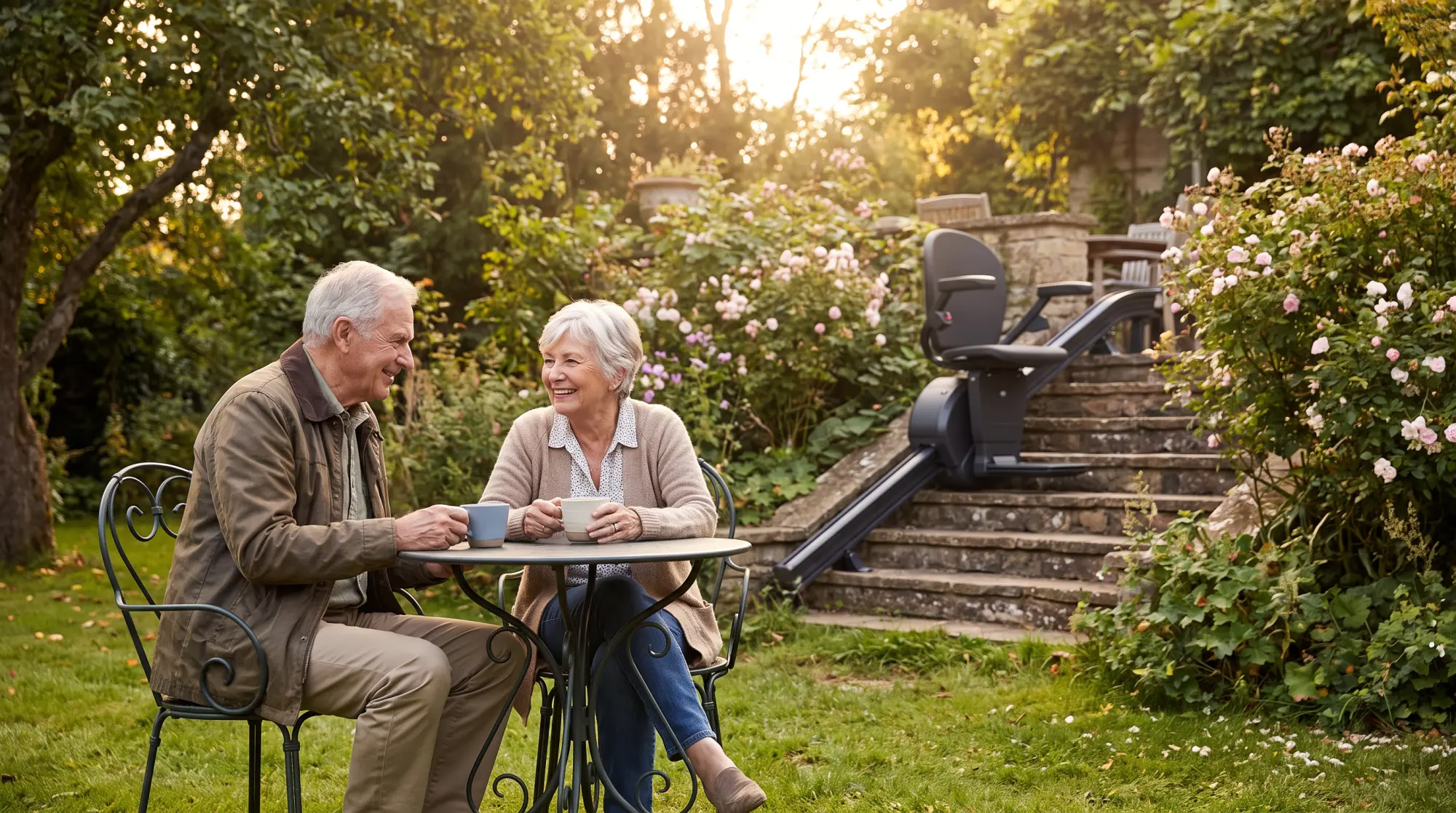 Couple de seniors prenant le thé dans leur jardin, monte-escalier extérieur visible en arrière-plan sur les marches en pierre.