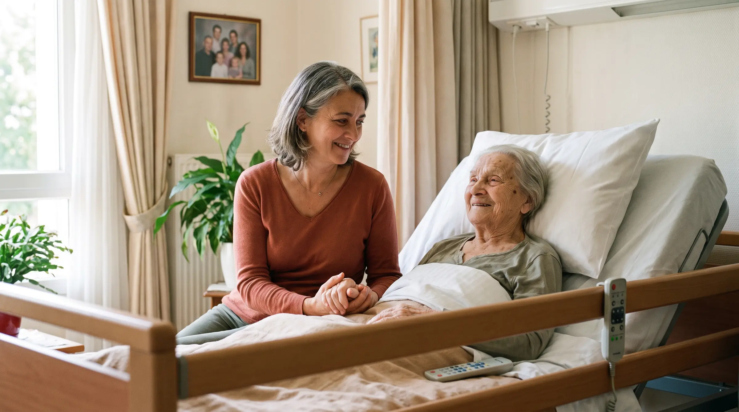 Fille aidante tenant la main de sa mère âgée près d'un lit médicalisé installé à domicile, chambre lumineuse et rassurante.
