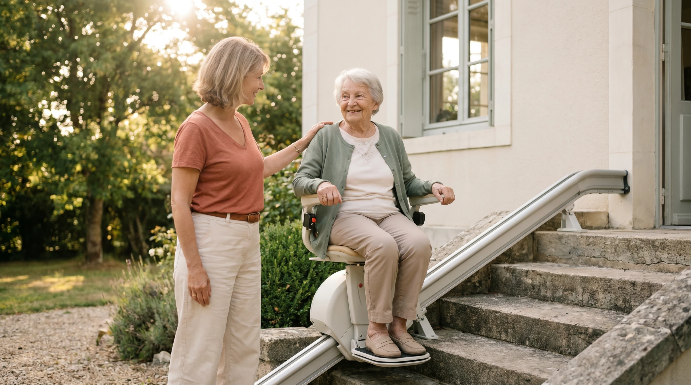 Dame âgée utilisant un monte-escalier extérieur sur le perron de sa maison, accompagnée de sa fille aidante