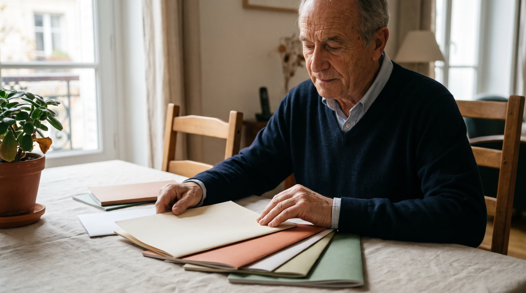 Senior compare calmement des documents et brochures pour choisir entre alternatives