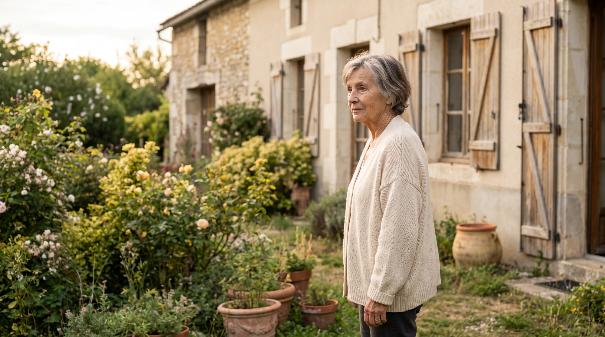 Femme senior regardant pensivement sa maison depuis le jardin, réflexion sur la vente en viager