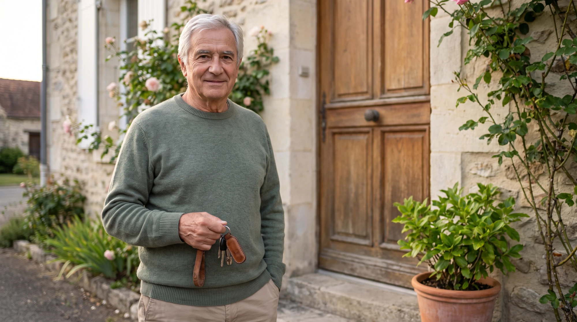 Homme senior souriant devant sa maison, trousseau de clés à la main