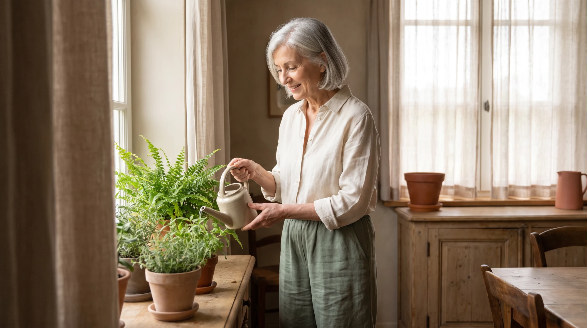 Femme senior sereine arrosant ses plantes dans sa maison en viager occupé