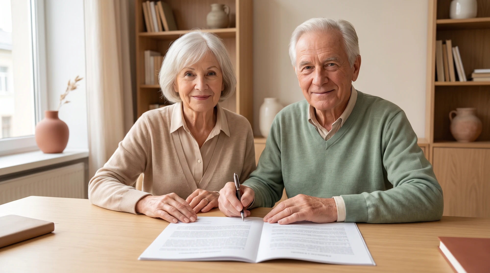 Couple senior signant sereinement un document chez le notaire