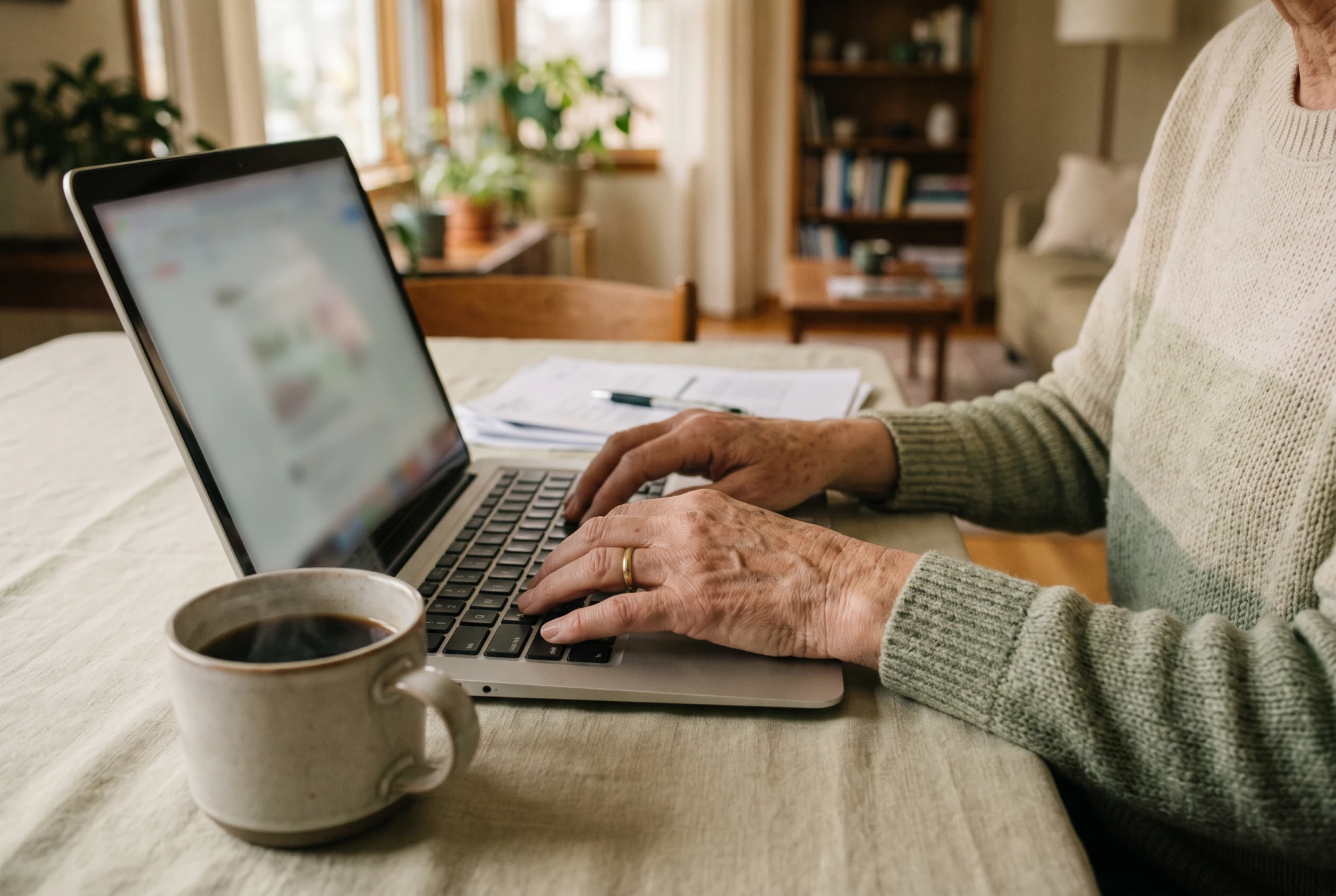 Mains d'une aidante remplissant la déclaration mensuelle d'un salarié à domicile sur un ordinateur portable, le soir à la maison.