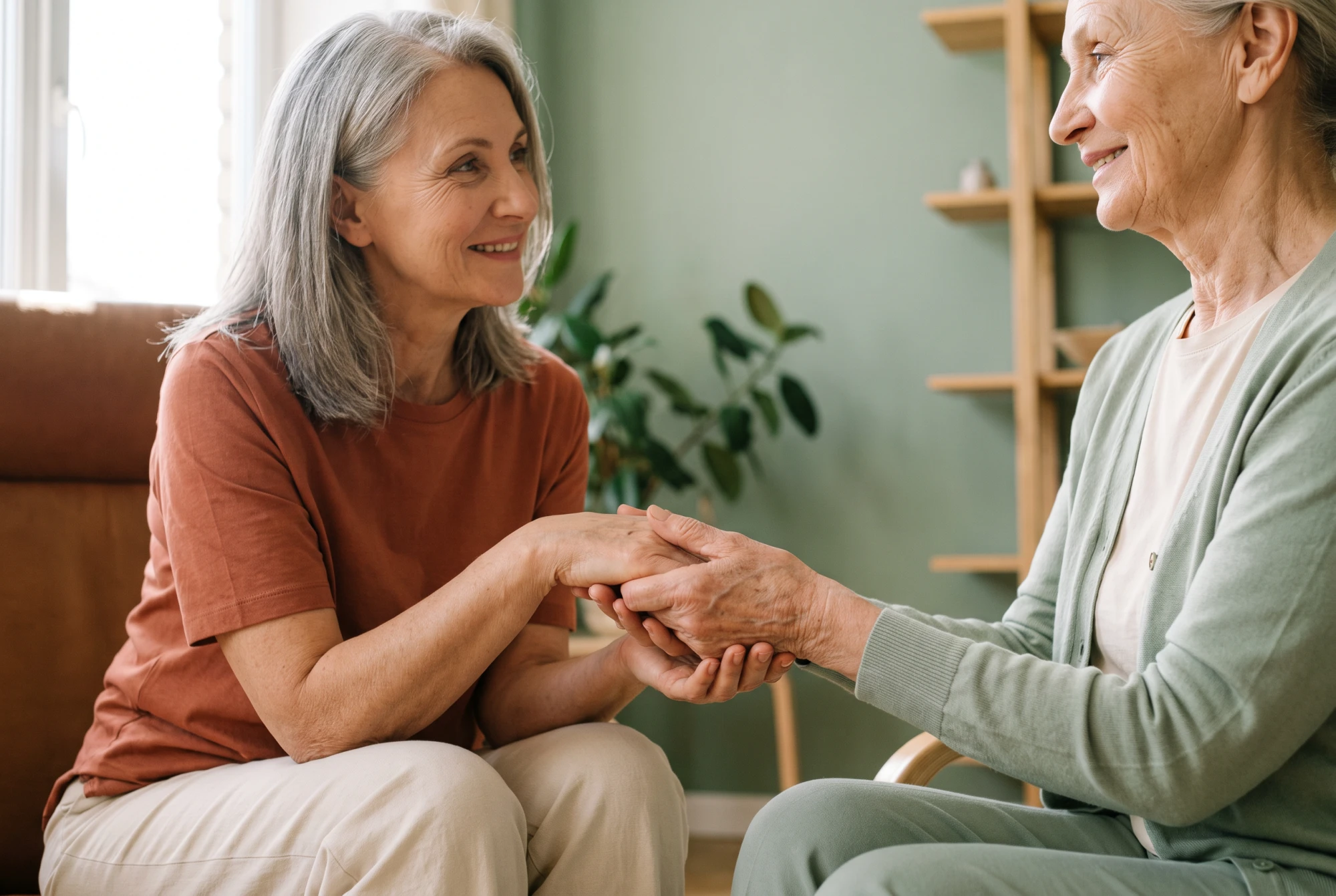 Fille adulte tenant tendrement la main de sa mère âgée dans un salon lumineux, moment calme de répit et de complicité.
