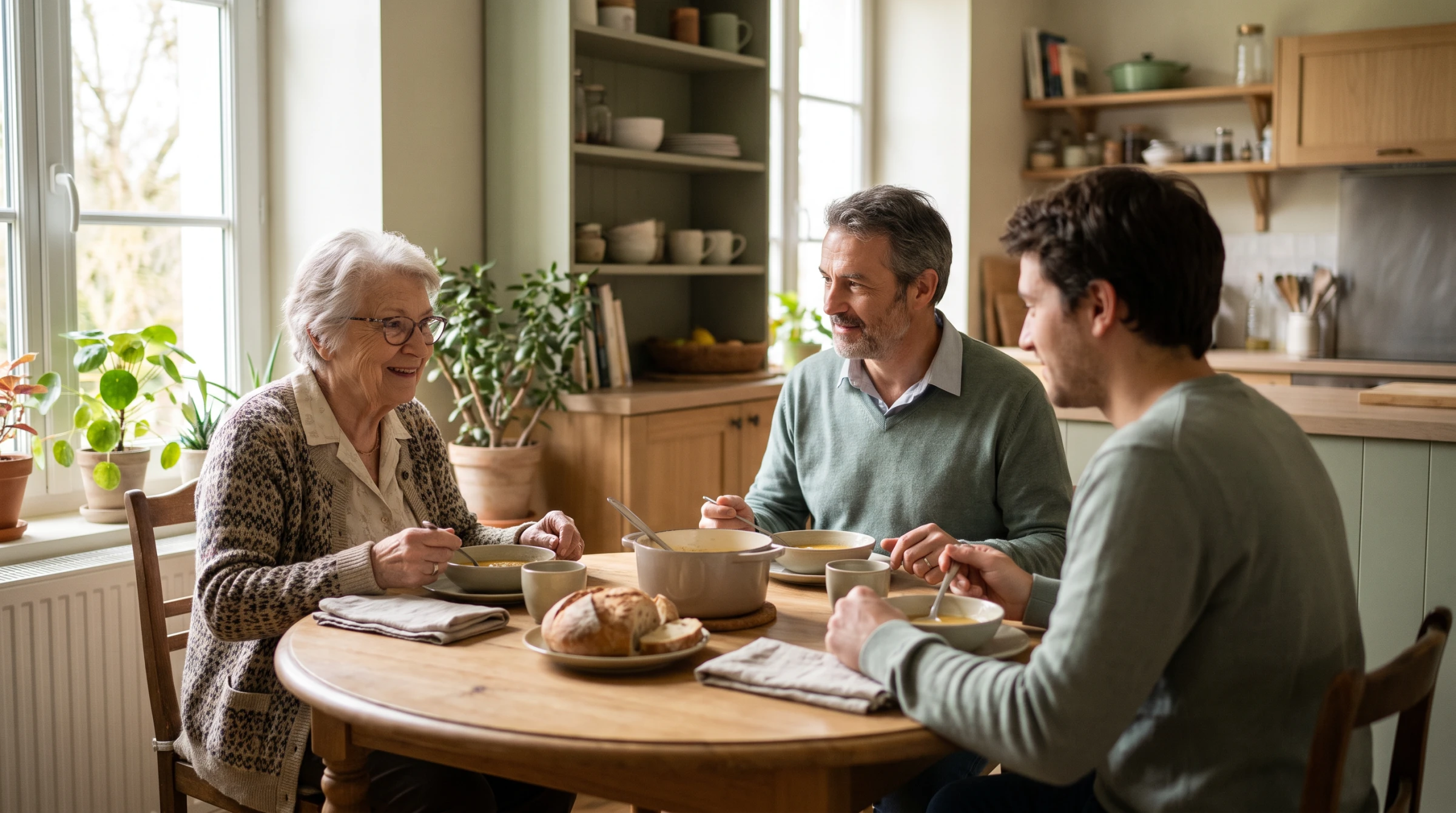 Personne âgée partageant un repas chaleureux à la table familiale de son accueillant familial agréé