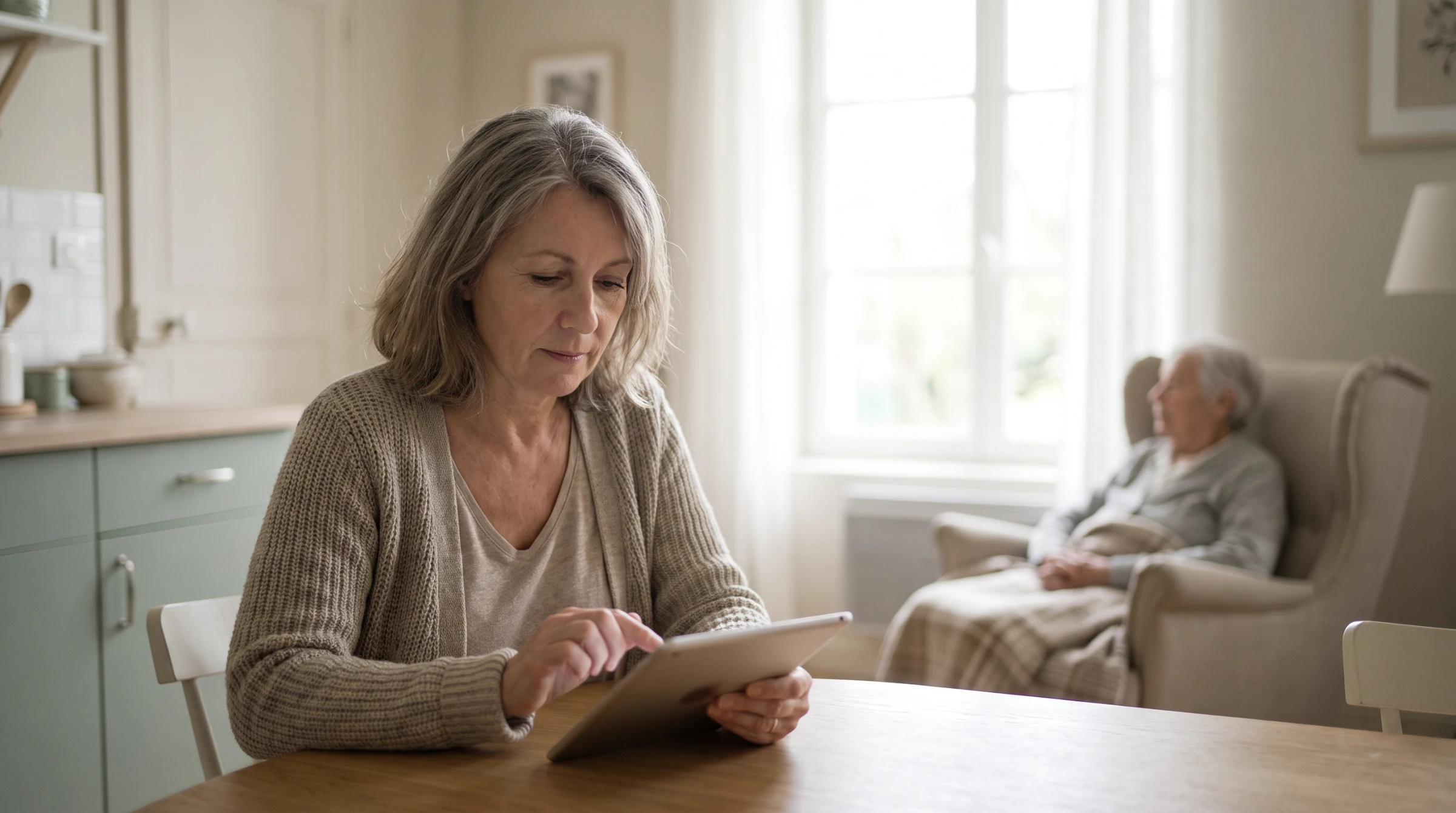 Aidant familial utilisant une tablette pour comparer des EHPAD à la table de la cuisine, son parent âgé installé confortablement en arrière-plan