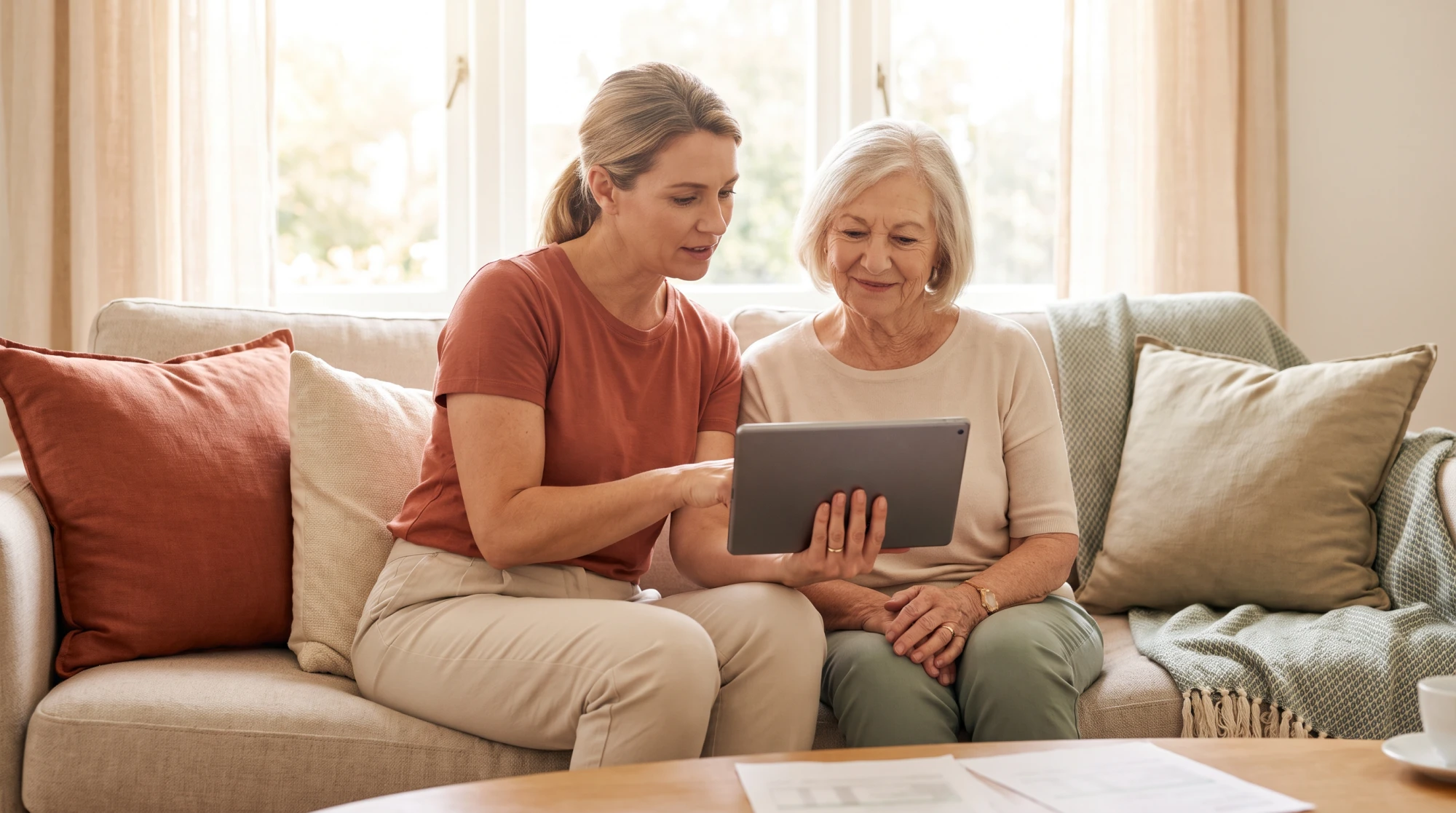 Aidante familiale consultant une tablette numérique aux côtés de sa mère âgée pour s'informer sur la loi ASV et la loi Bien vieillir
