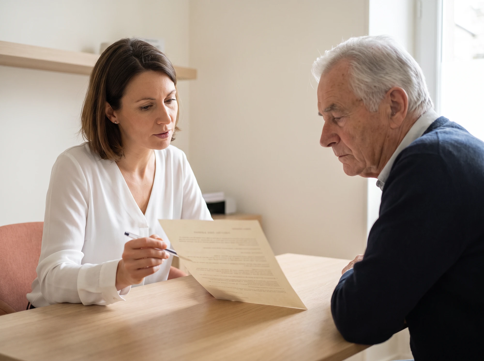 Audioprothésiste expliquant un devis normalisé à un homme senior attentif dans un cabinet clair et calme.