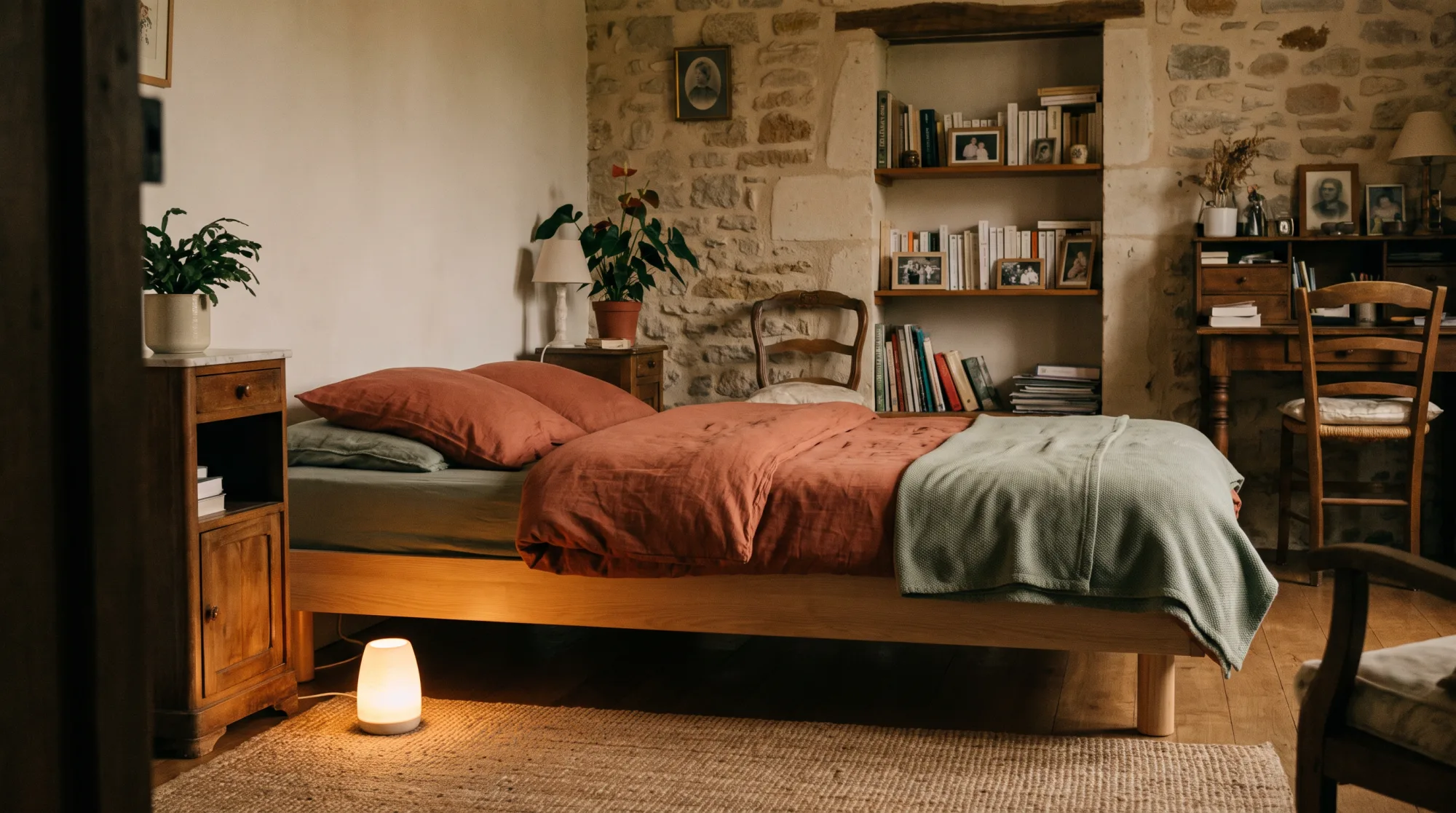 Chambre paisible la nuit, veilleuse douce près d'un lit bas, ambiance sécurisante.