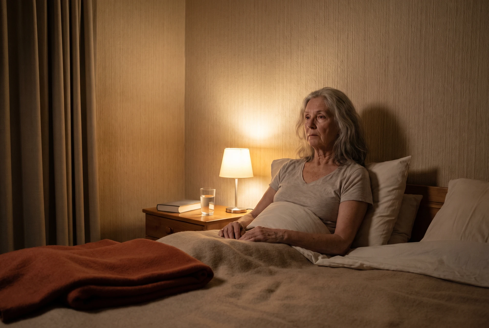 Femme âgée éveillée la nuit dans sa chambre, lampe de chevet allumée, acouphènes plus audibles sans appareil.