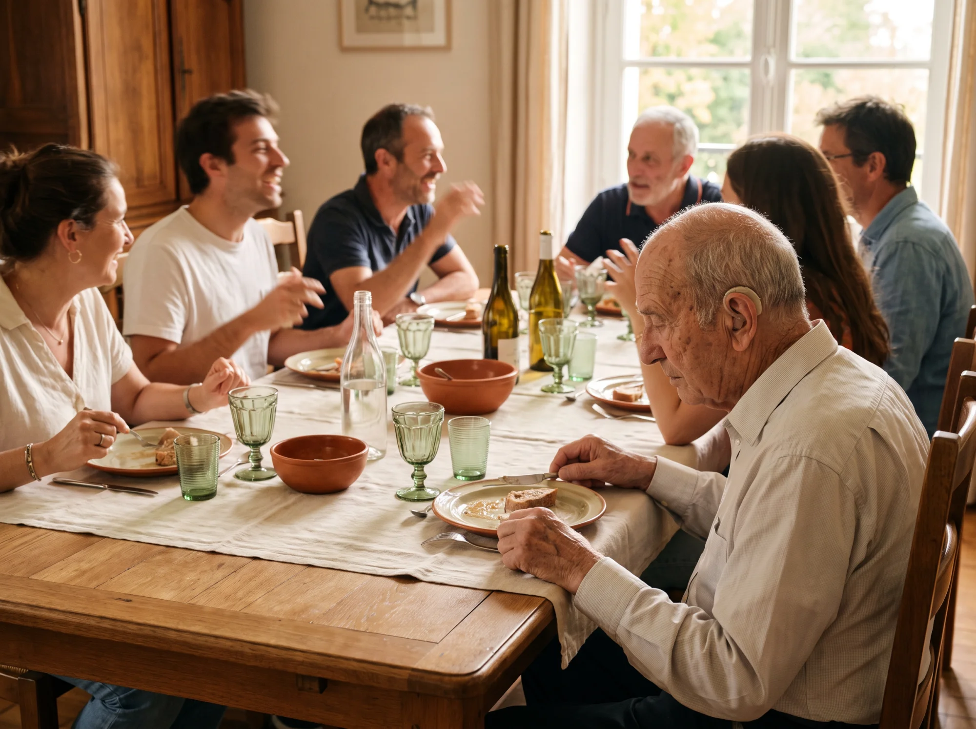 Homme âgé décroché de la conversation lors d'un repas de famille animé, appareil auditif visible.