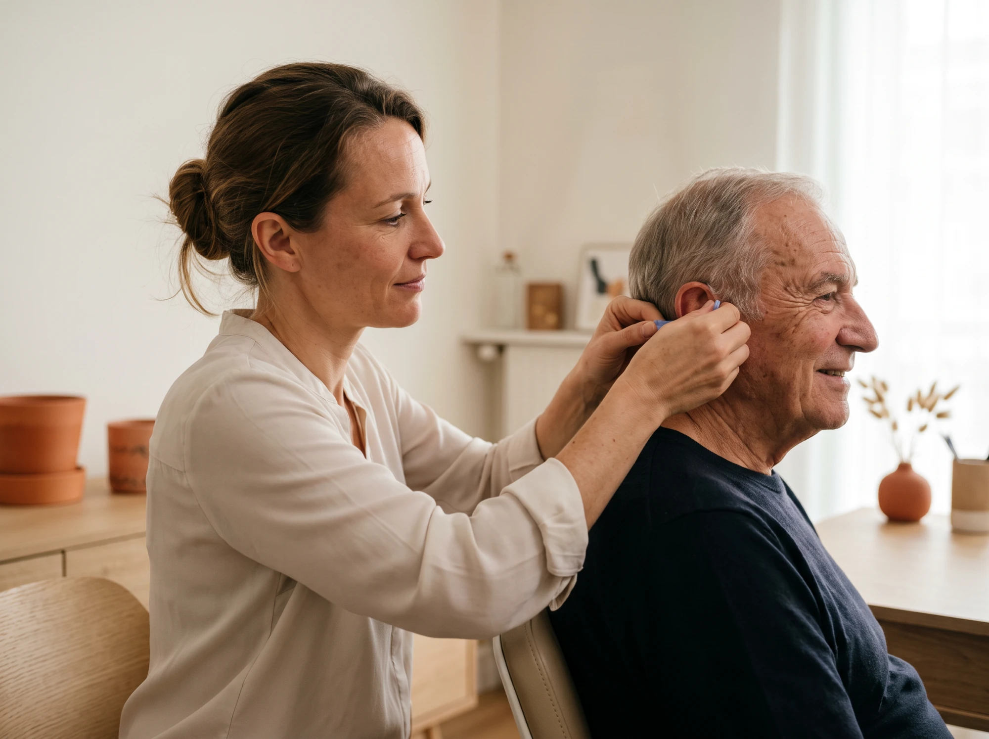 Audioprothésiste prenant l'empreinte de l'oreille d'un homme âgé pour un appareil auditif intra-auriculaire.