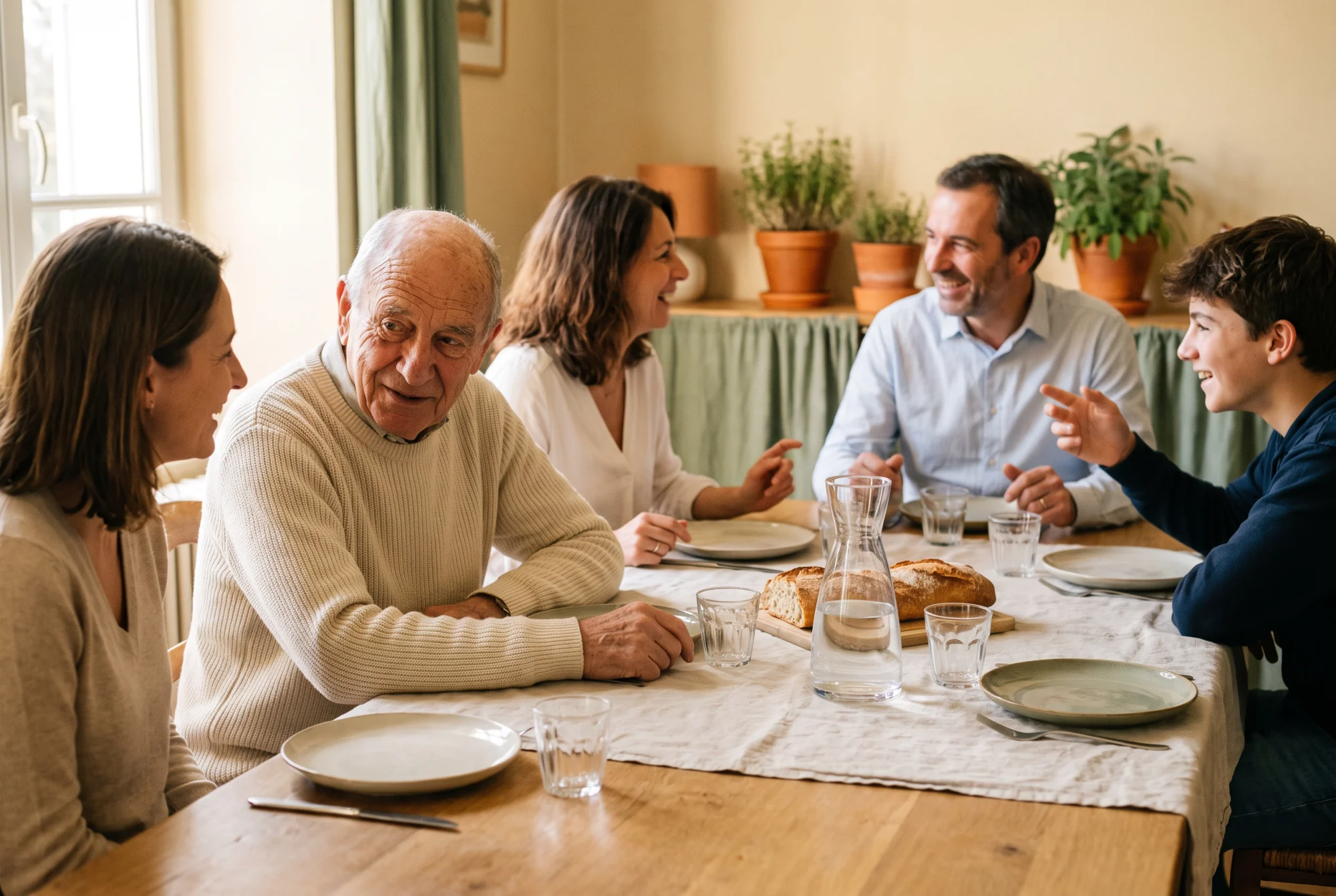 Repas de famille chaleureux, père âgé appareillé suivant la conversation entouré de ses enfants adultes.