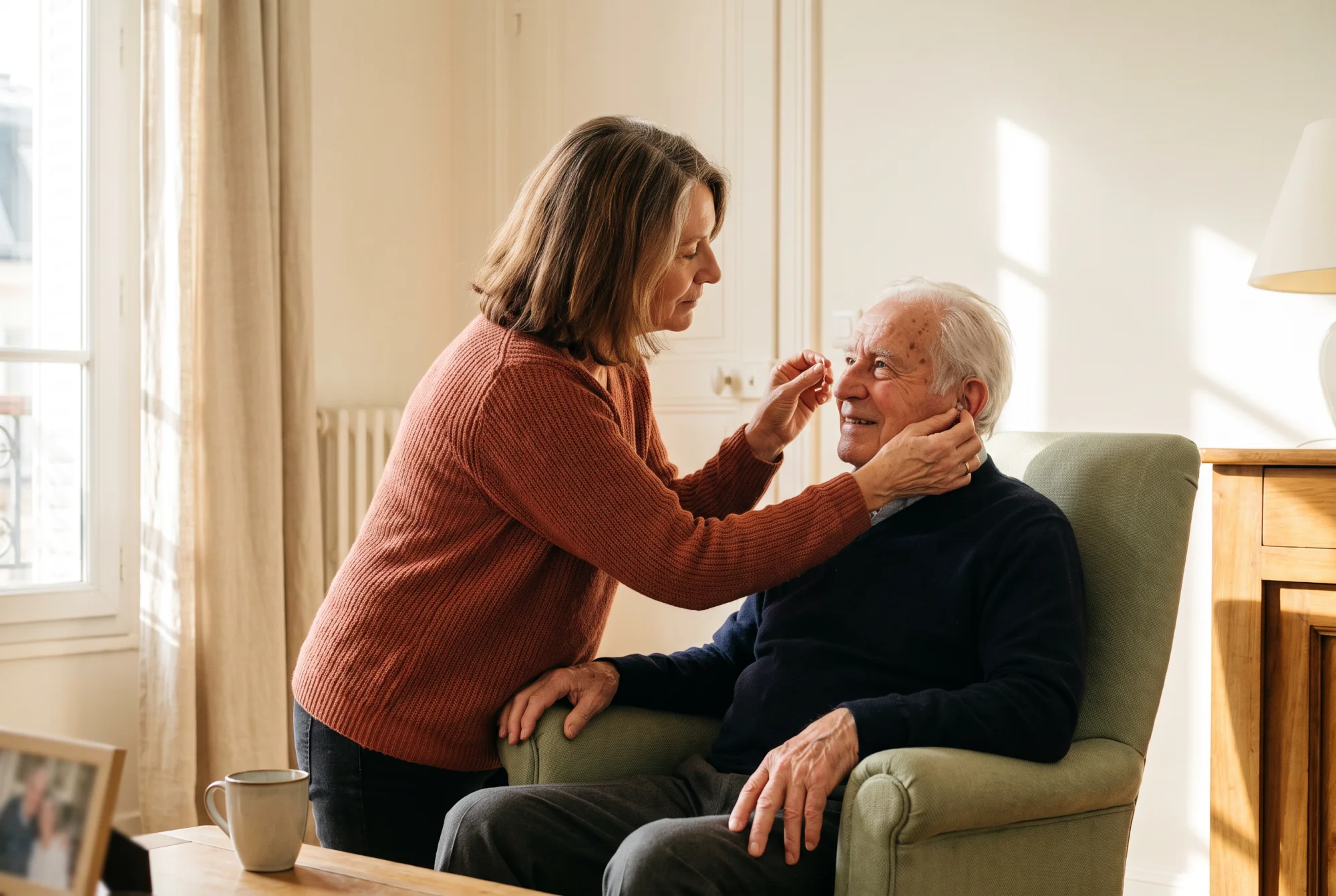 Fille aidante de 58 ans aidant son père de 82 ans à placer son appareil auditif, salon lumineux et chaleureux.