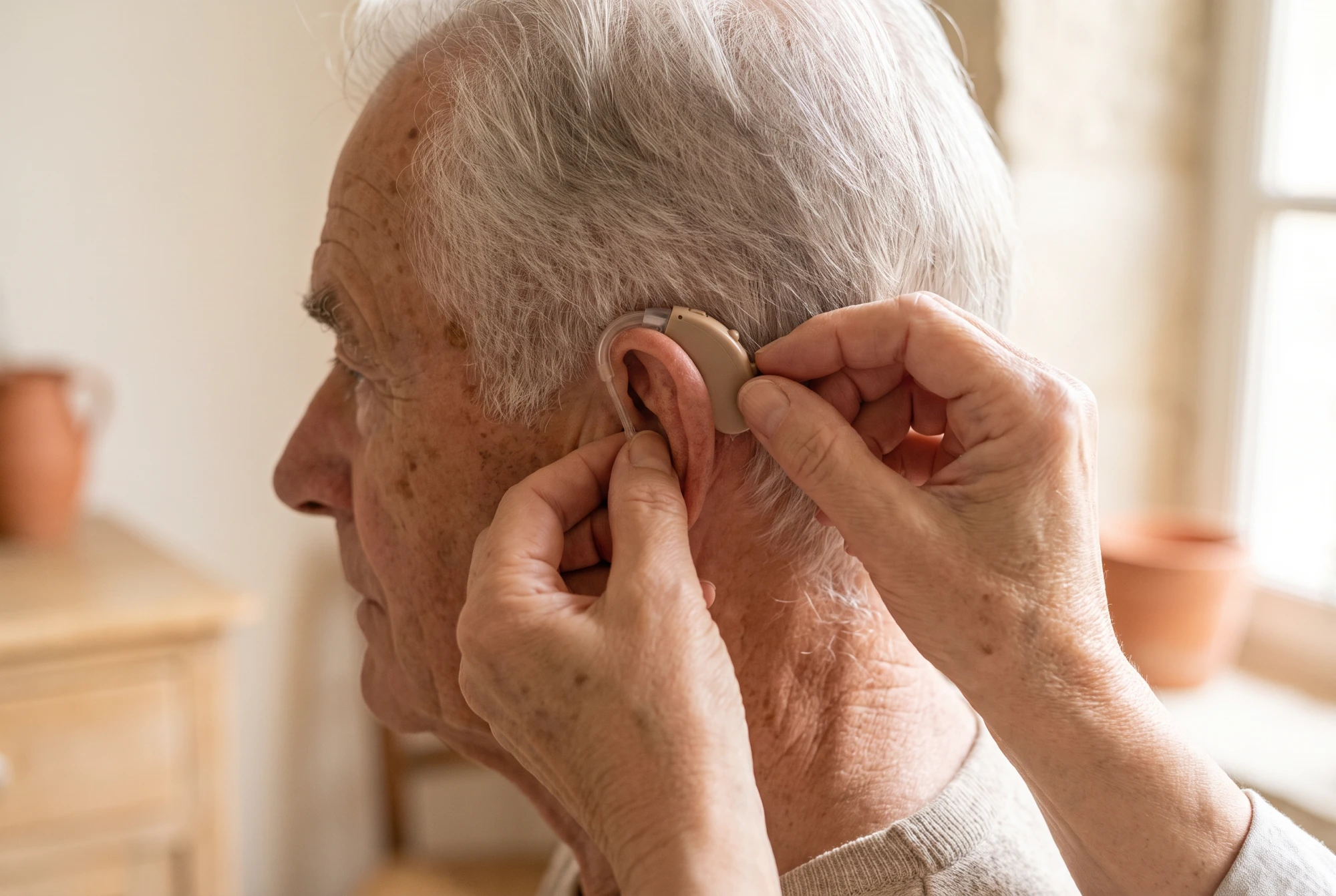 Mains d'une aidante posant délicatement un appareil auditif contour d'oreille sur l'oreille de son père.