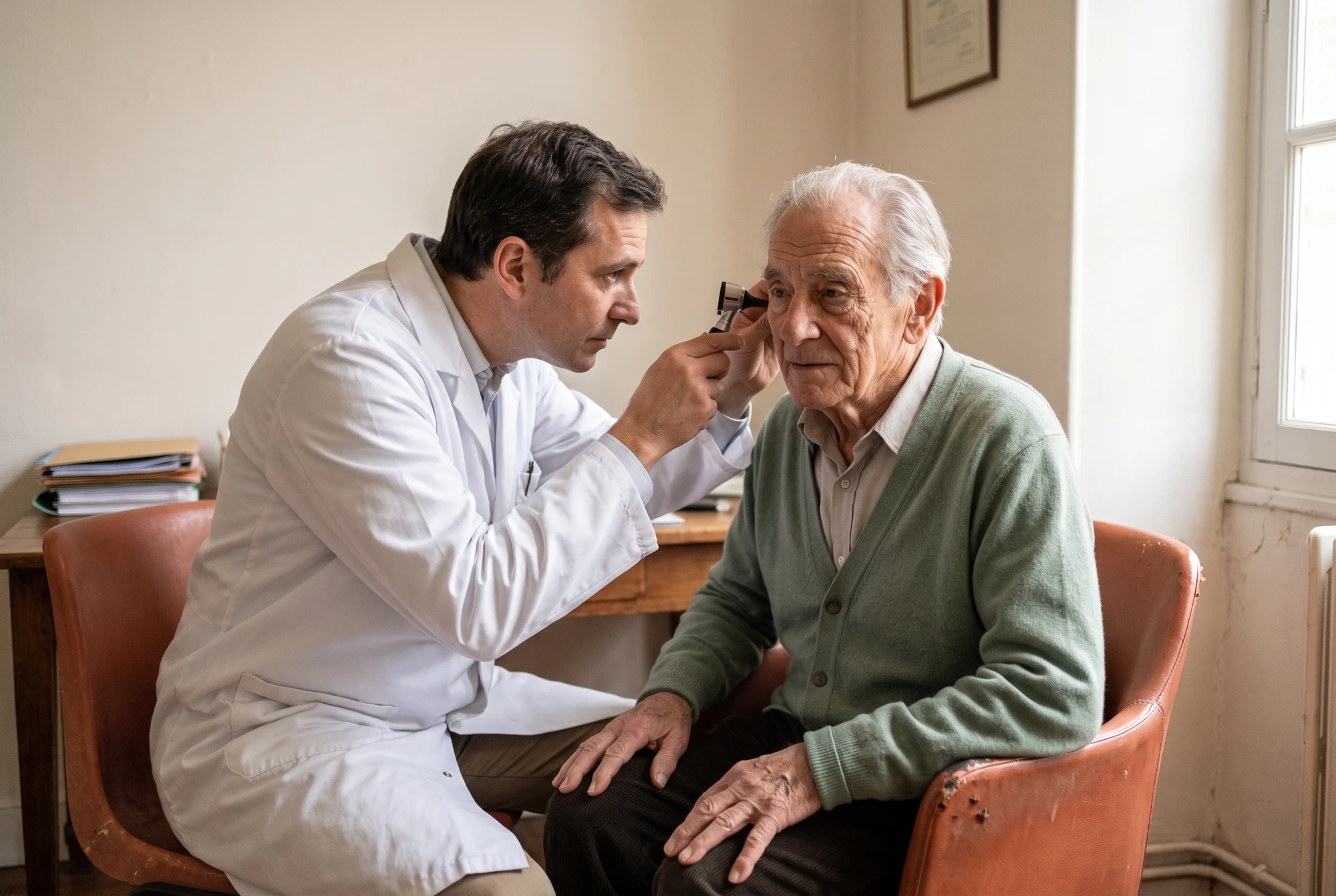 Médecin généraliste examinant l'oreille d'un patient senior avec un otoscope avant de prescrire un appareil auditif.