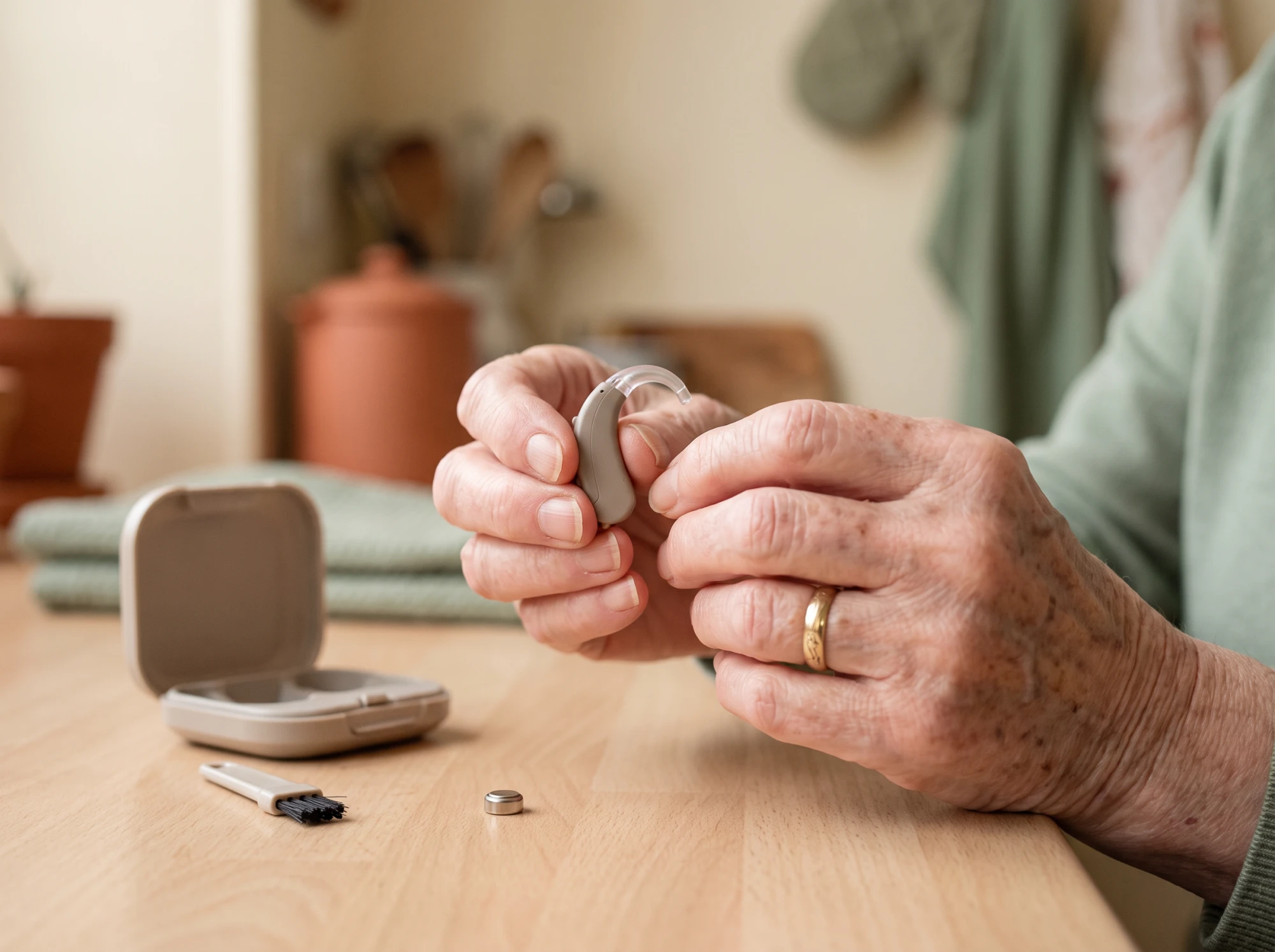 Mains d'une femme âgée tenant un petit appareil auditif contour d'oreille près de sa pile et son étui