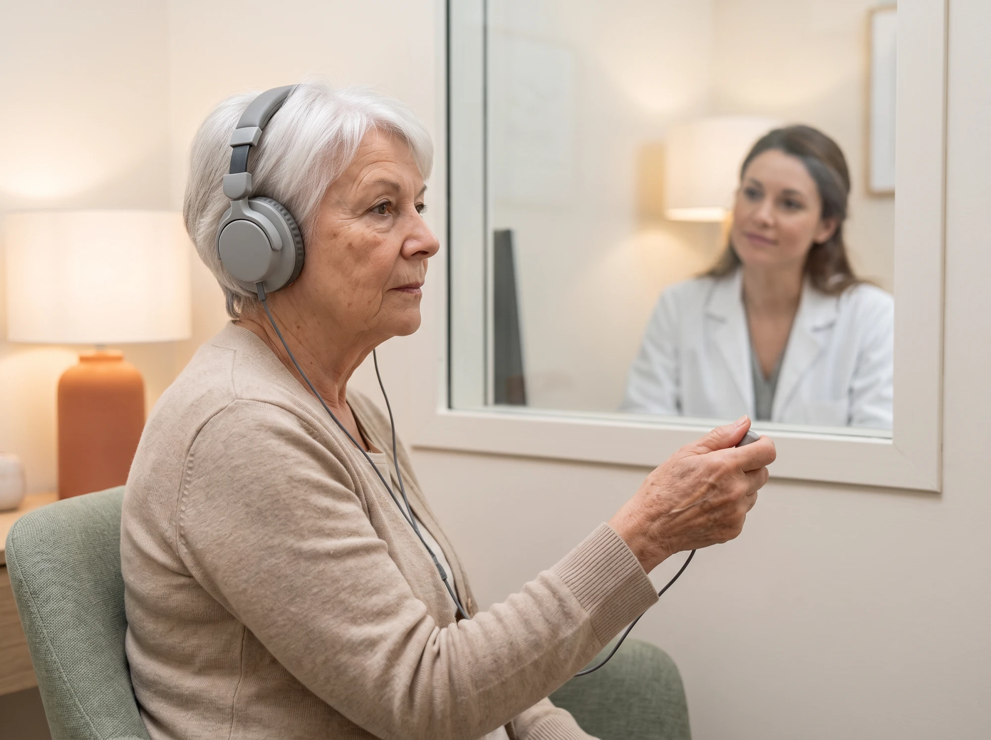 Femme âgée passant un test auditif au casque en cabine, accompagnée par une audioprothésiste attentive.