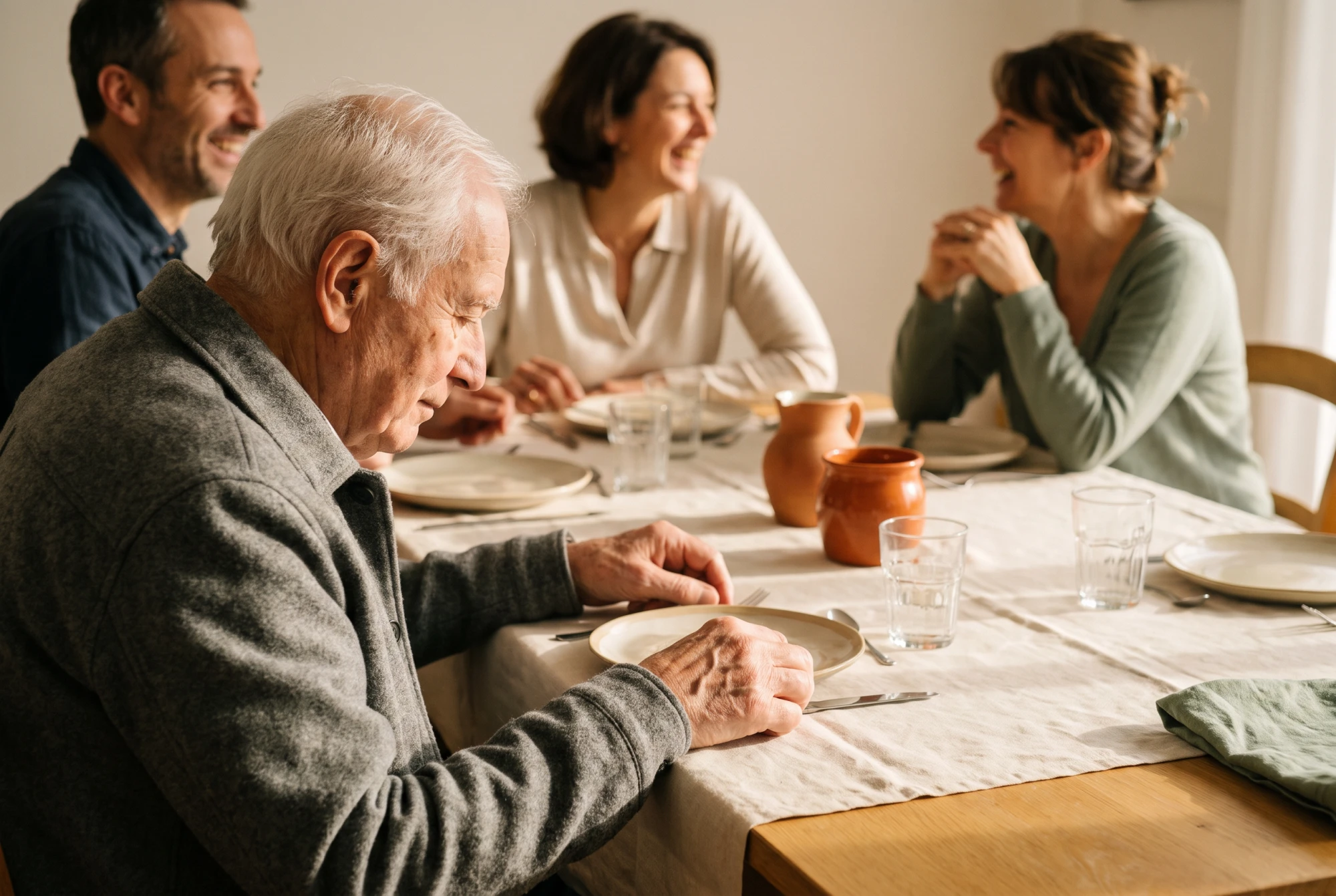 Repas de famille, un père âgé en retrait dans la conversation, signe d'une perte auditive non appareillée.