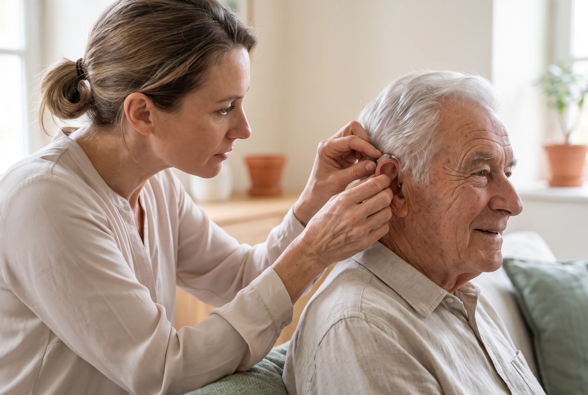 Audioprothésiste en blouse claire réglant l'appareil auditif derrière l'oreille d'un homme âgé attentif.