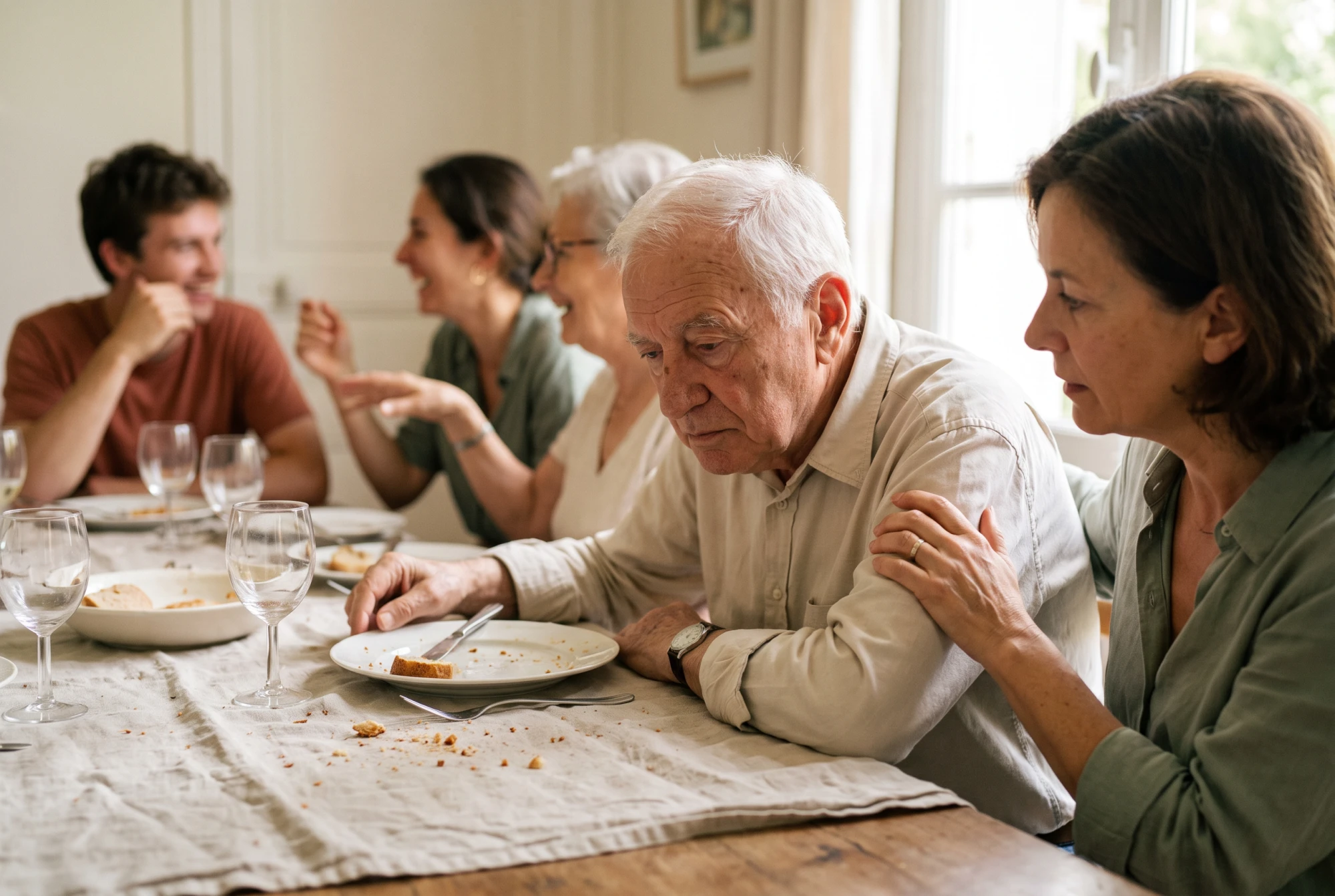 Repas de famille français où un père âgé décroche de la conversation, sa fille aidante l'observe avec tendresse.