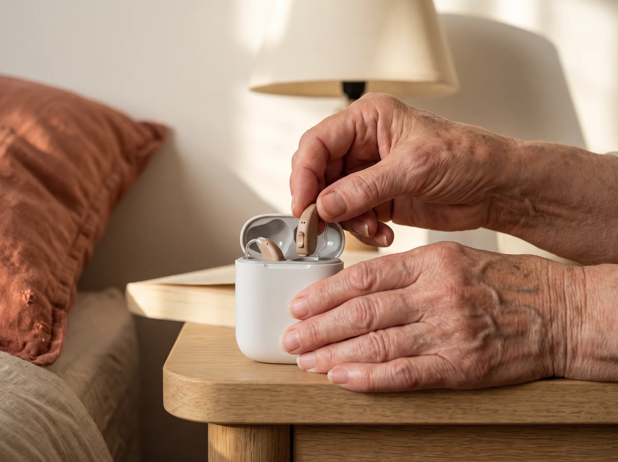 Mains âgées marquées par l'arthrose posant deux appareils auditifs rechargeables sur leur socle de charge.