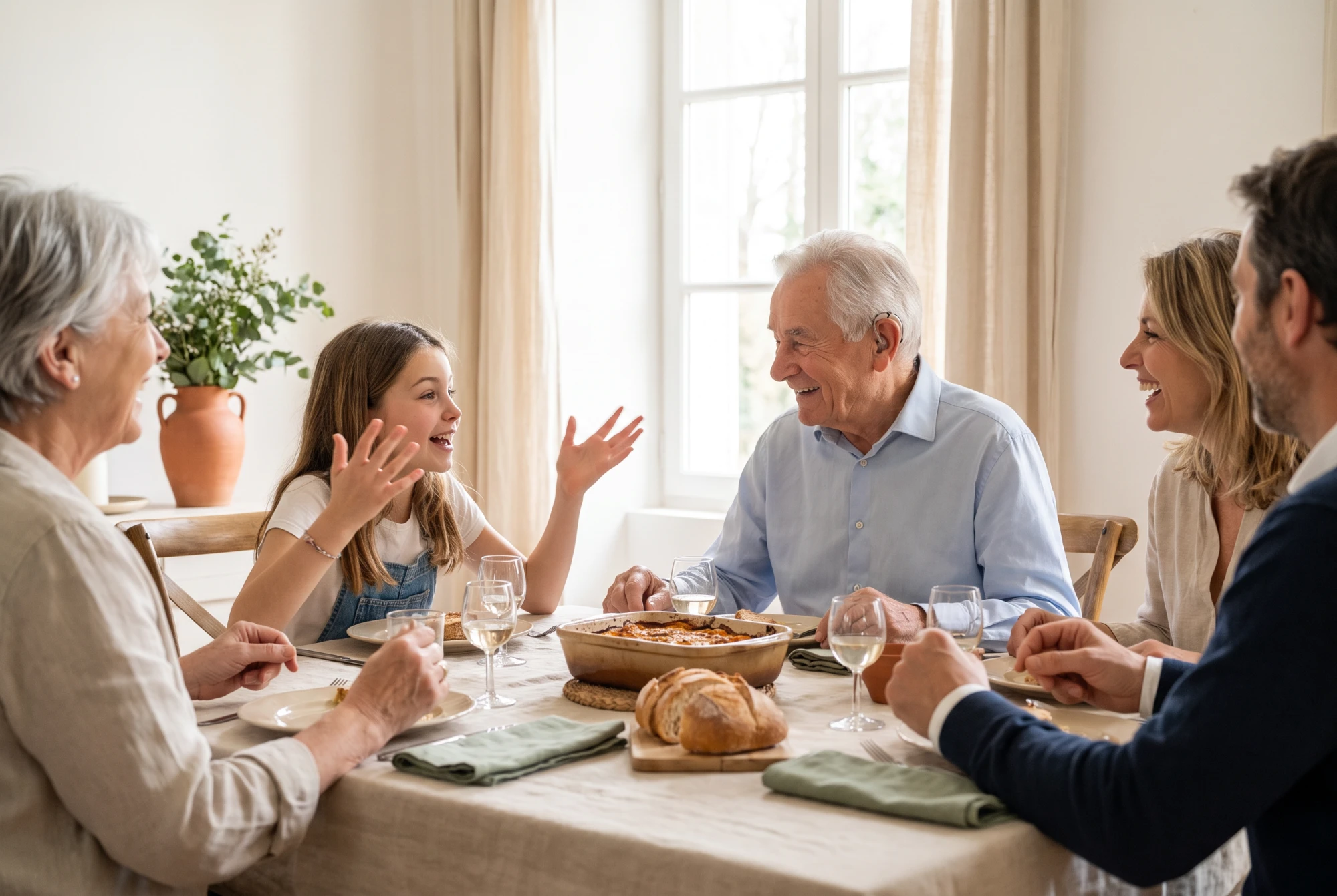 Homme âgé appareillé suivant enfin la conversation de sa petite-fille lors d'un repas de famille lumineux.