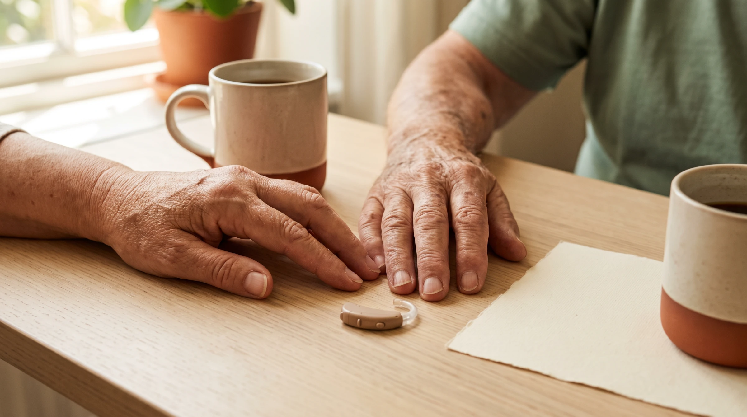 Main d'une fille aidante et main de son père âgé posées près d'un appareil auditif, sur une table claire.