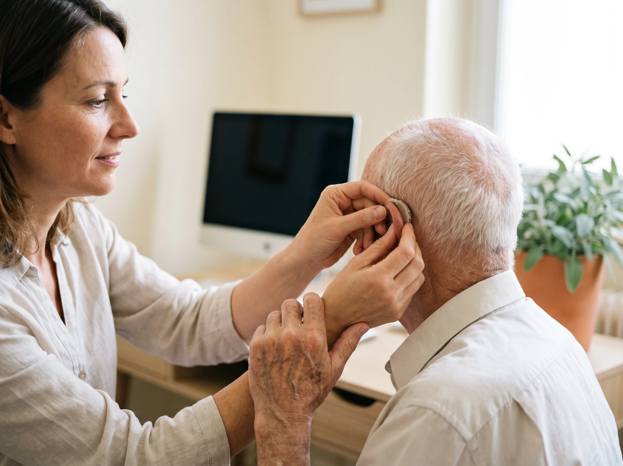 Audioprothésiste ajustant l'appareil auditif derrière l'oreille d'un homme âgé détendu, lors d'un rendez-vous de suivi.