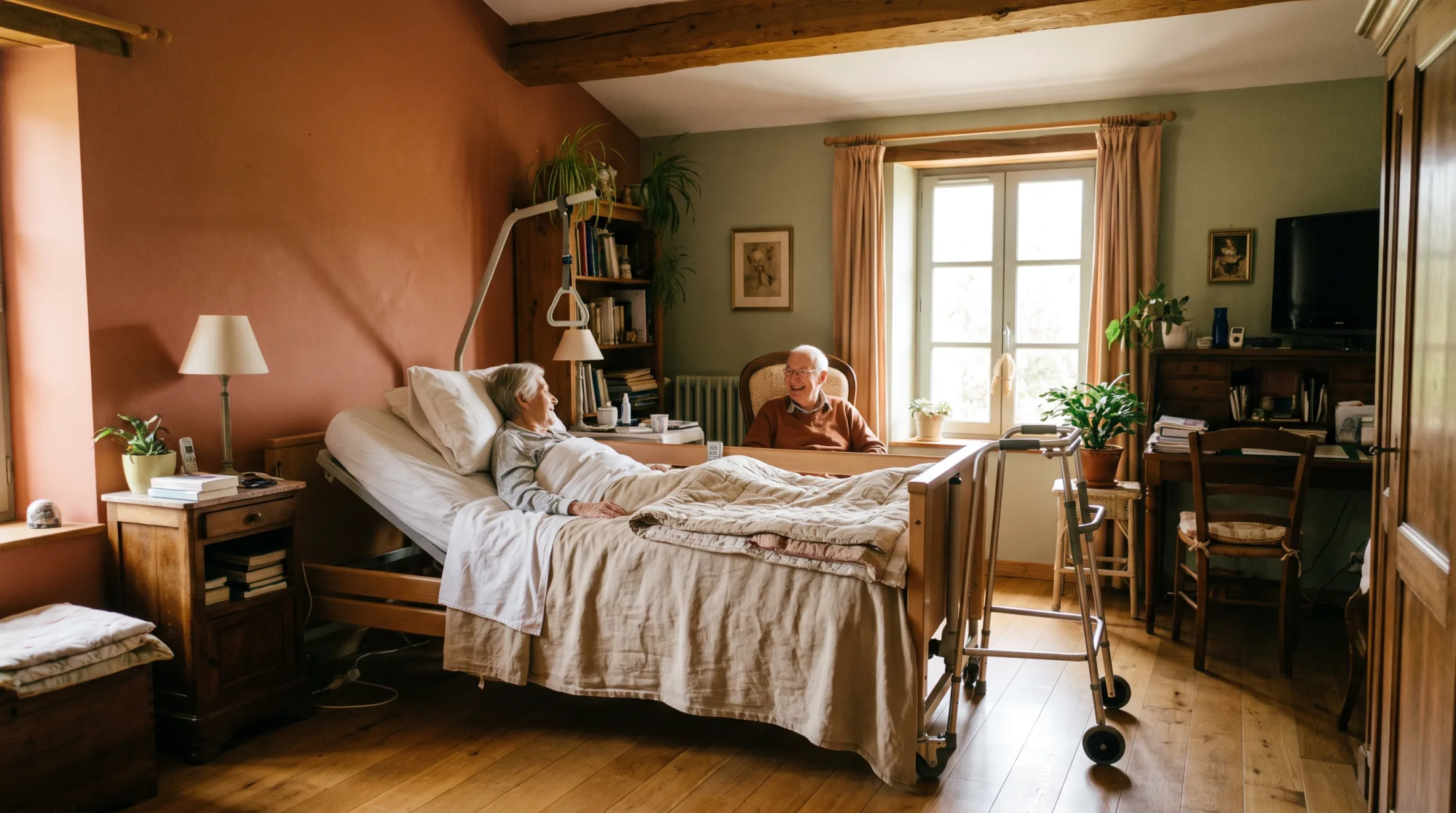 Chambre avec un lit médicalisé installé, montrant l'espace de circulation autour.