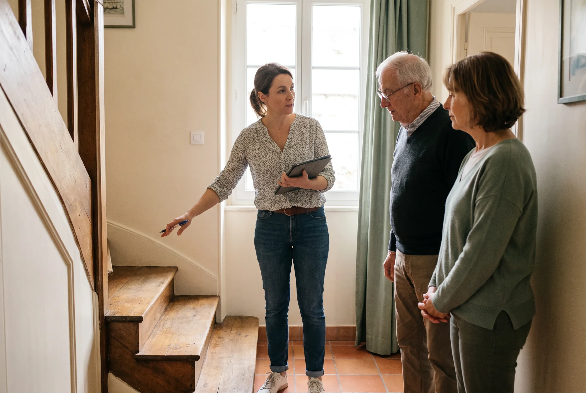 Une ergothérapeute évalue à domicile l'installation d'une plateforme élévatrice, aux côtés d'un senior et de son aidant familial