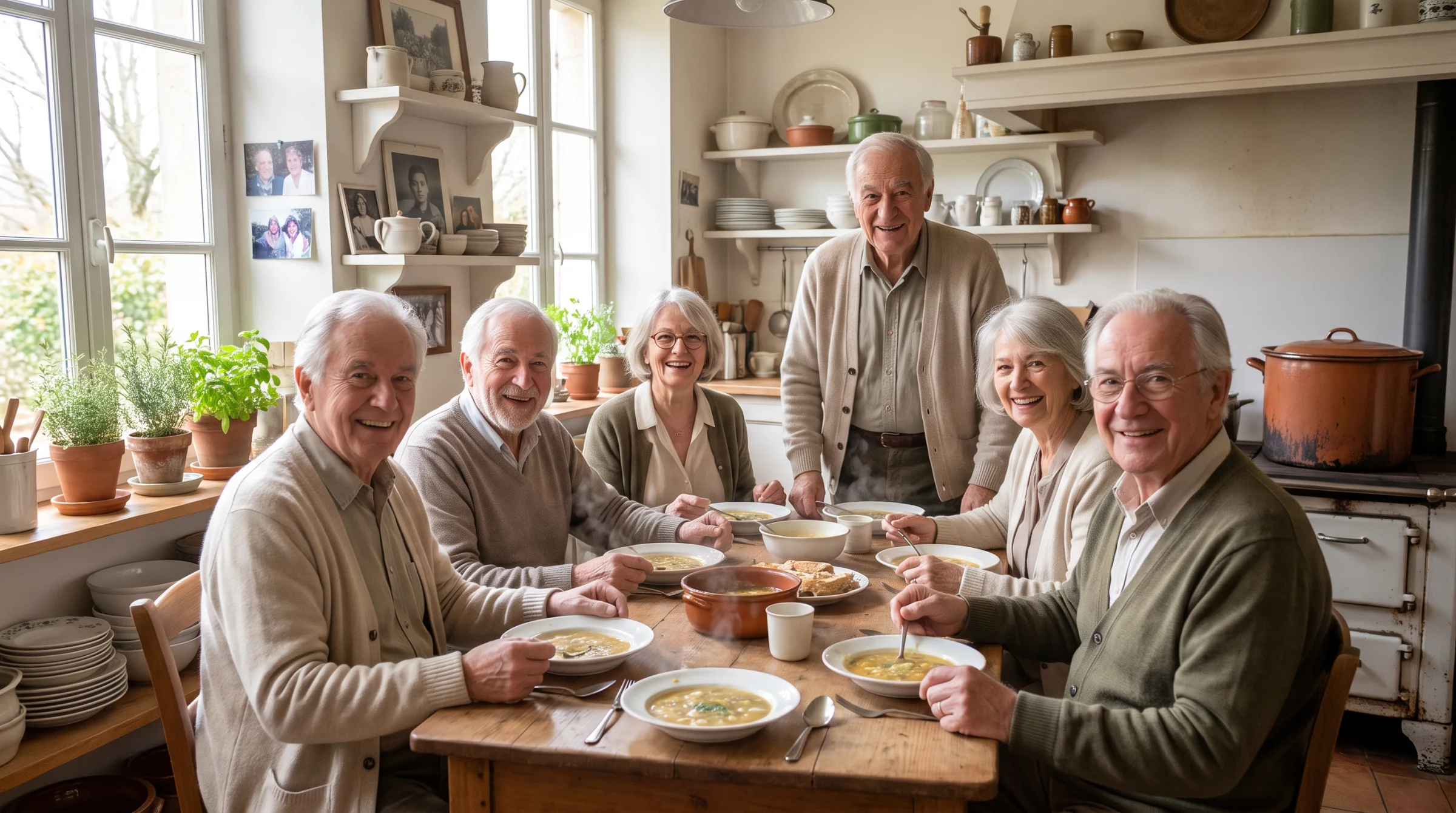 Plusieurs seniors partageant un repas convivial dans la cuisine commune d'un habitat inclusif, ambiance chaleureuse et familiale