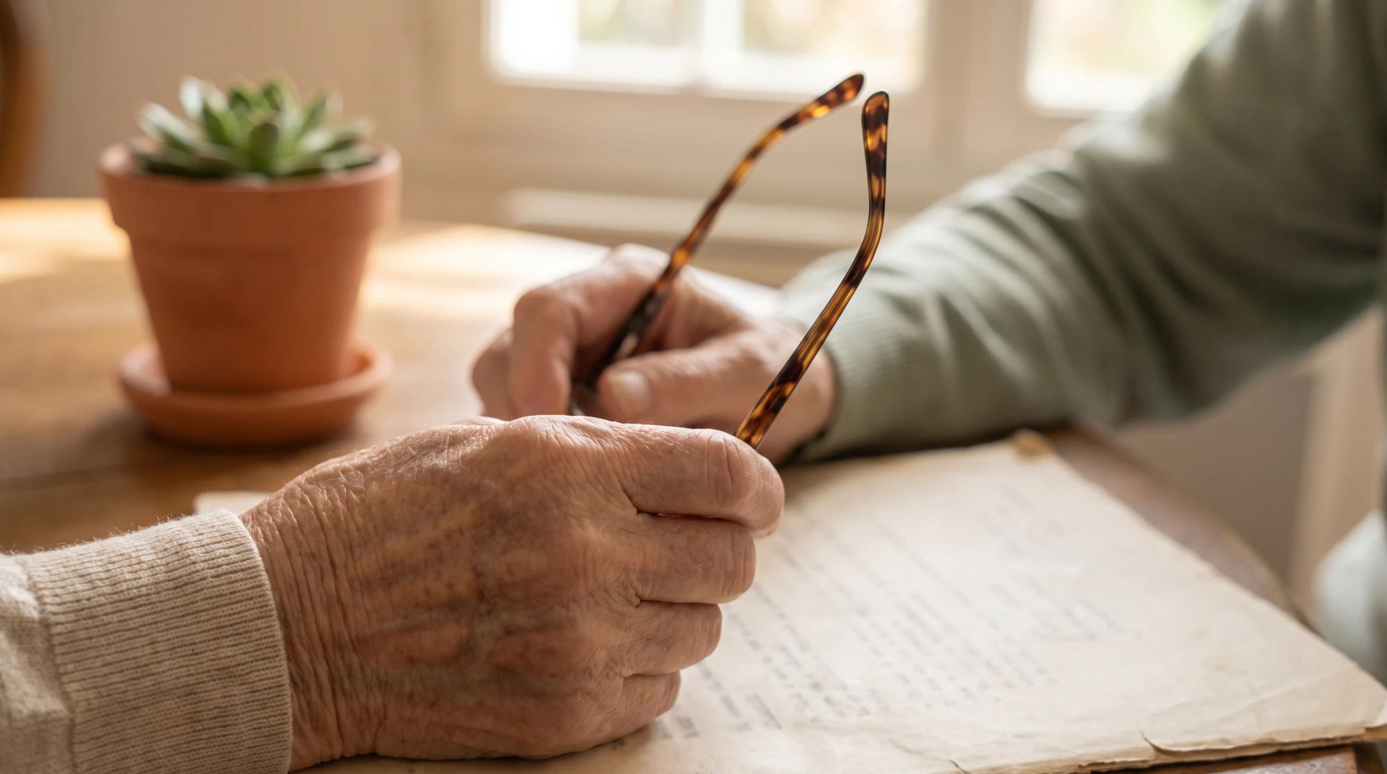 Mains d'une personne âgée tenant des lunettes de lecture au-dessus d'un dossier administratif d'admission en EHPAD