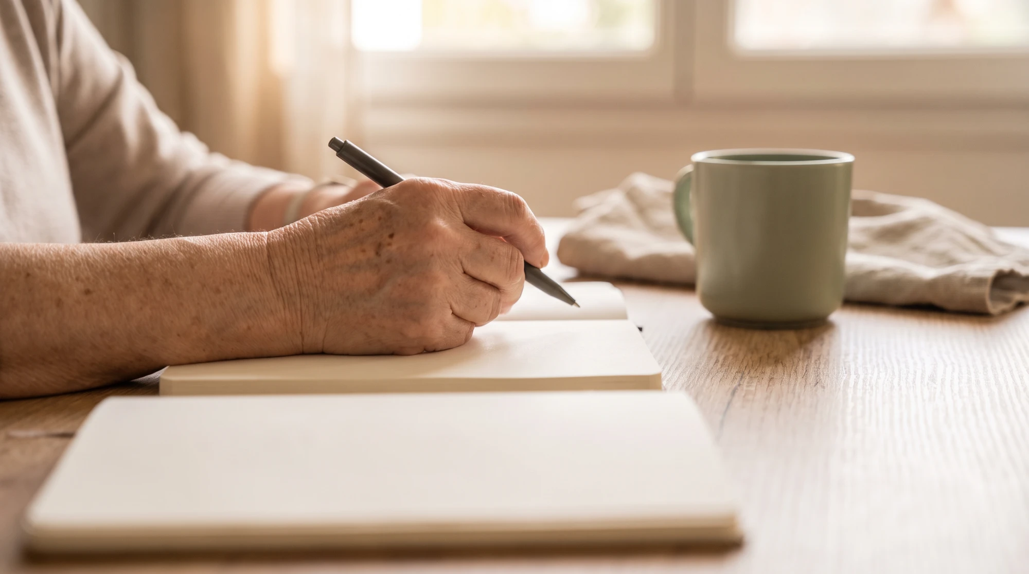 Mains d'une personne âgée tenant un stylo au-dessus d'une page blanche, prête à signer le contrat de séjour EHPAD