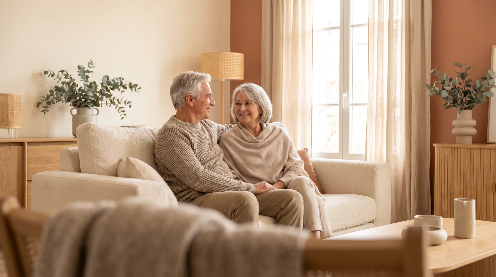 Couple de seniors dans leur appartement privé au sein d'un habitat partagé, salon confortable et lumineux