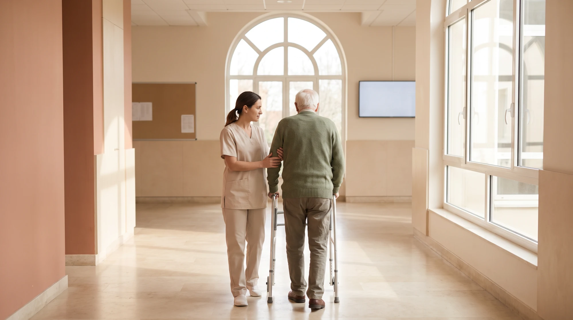 Infirmière accompagnant un résident âgé avec un déambulateur dans un couloir lumineux de centre de rééducation