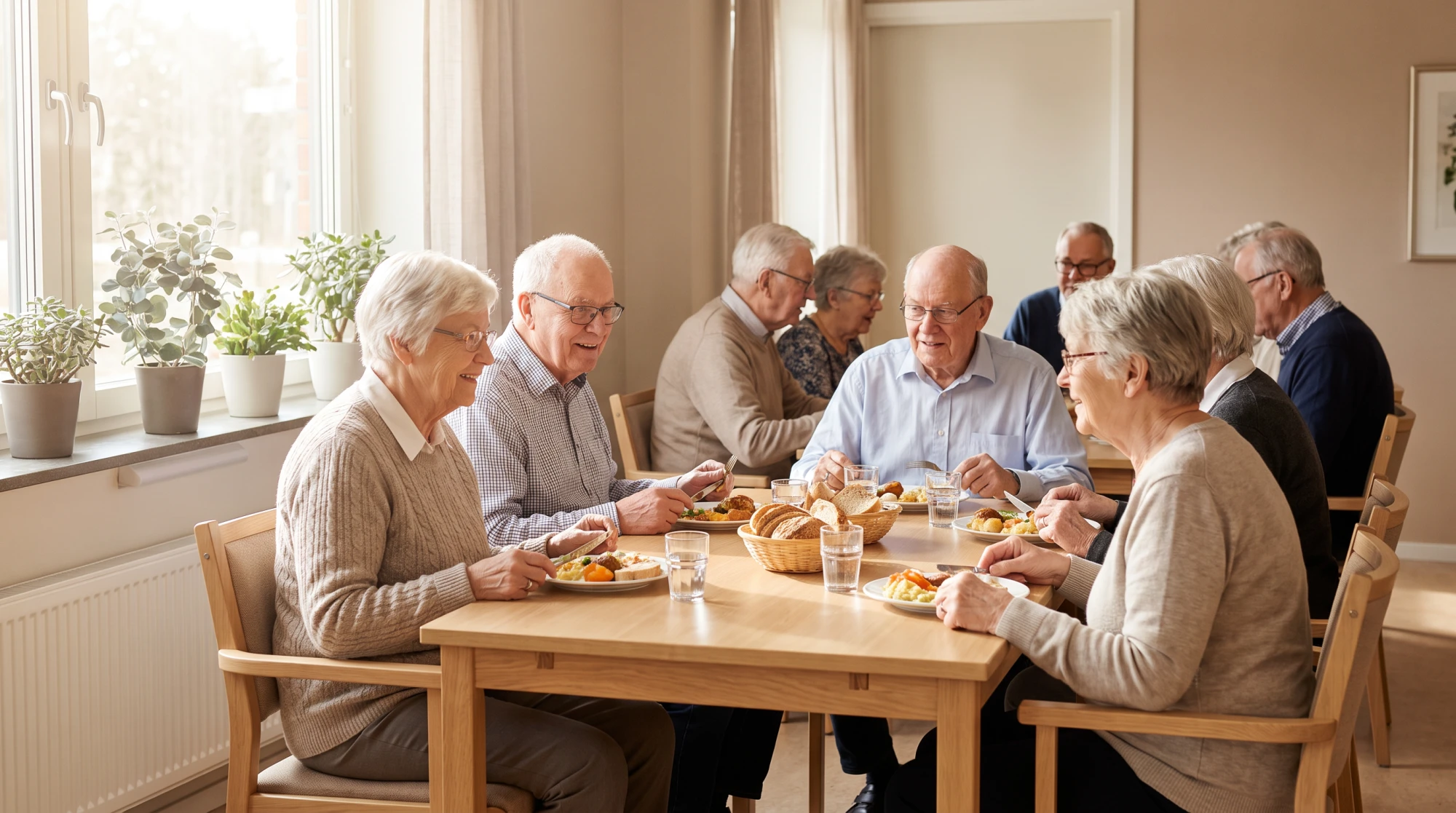 Résidents âgés partageant un repas convivial dans la salle à manger intime d'une petite unité de vie rurale